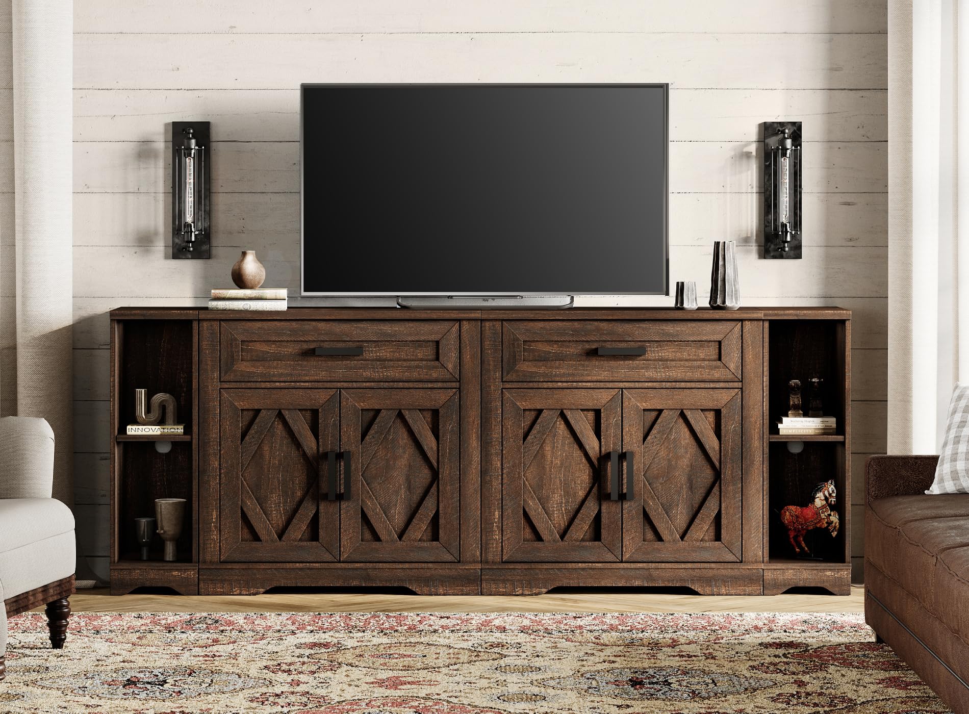 WAMPAT Modern Farmhouse Large Sideboard Cabinet Set with Barn Doors,Buffet Cabinet Table with Storage Shelves and Drawers for Kitchen,Dining Room,Coffee Bar,82.7" W x 15.4" D x 32" H,Dark Brown