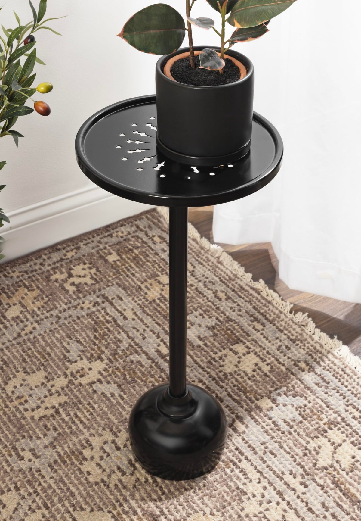 Kate and Laurel Miki Modern Pedestal Drink Table; 10 x 10 x 23; Black; Decorative Accent Patio Table for Use as Plant Stand Indoors or Outdoors or as a Living Room Martini Table