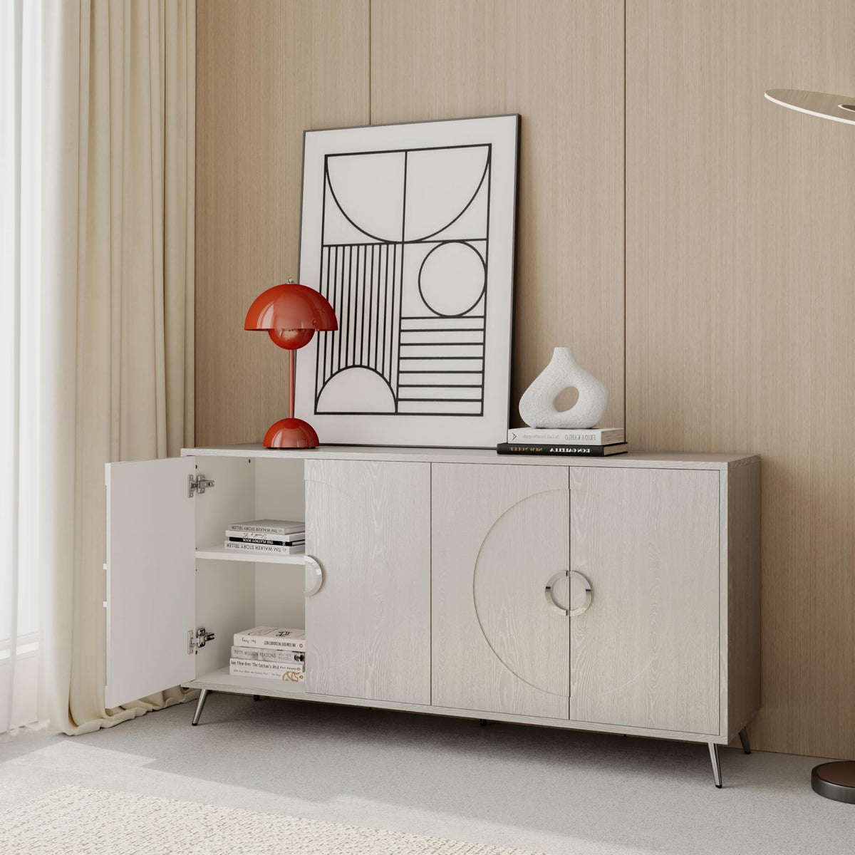 YJNKU Wooden Cabinet Sideboard Buffet Server Cabinet,4 Door Storage Cabinet, Modern Lacquered,for Living Room, Entryway, Hallway, Office, Kitchen and Dining Room,Champagne Silver