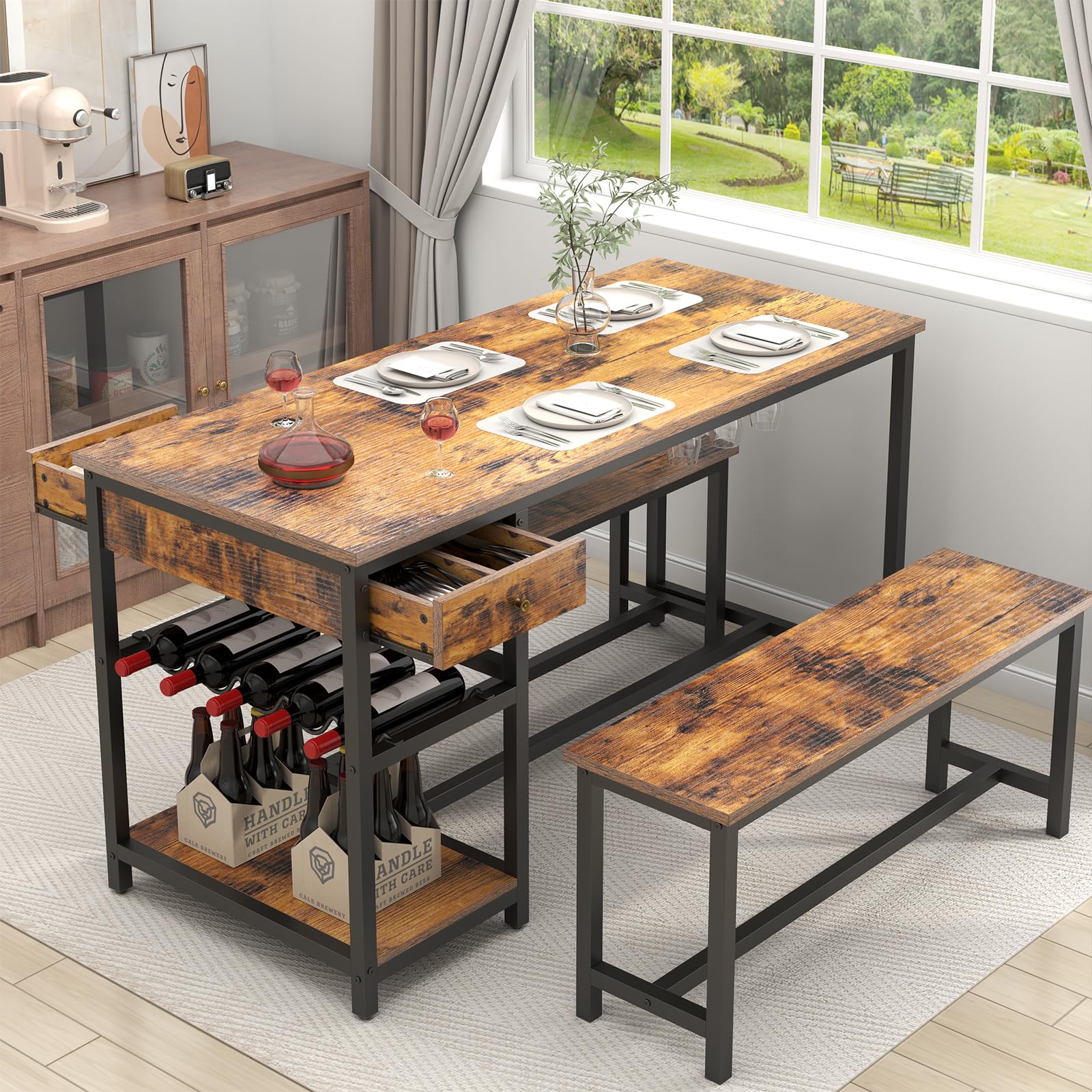 Dining Table Set with Storage & Wine Rack, Brown