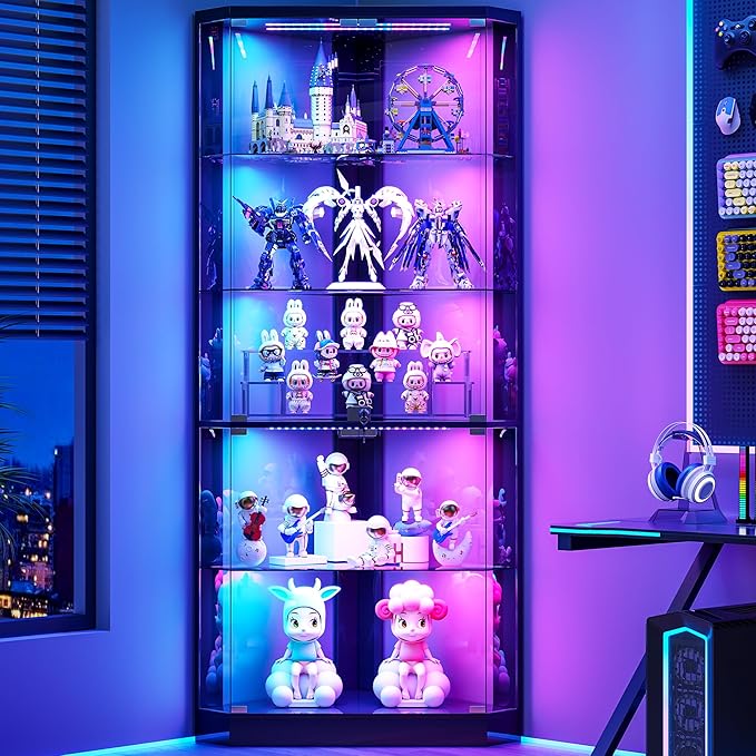 5-Tier Corner Glass Display Cabinet with RGB Lights