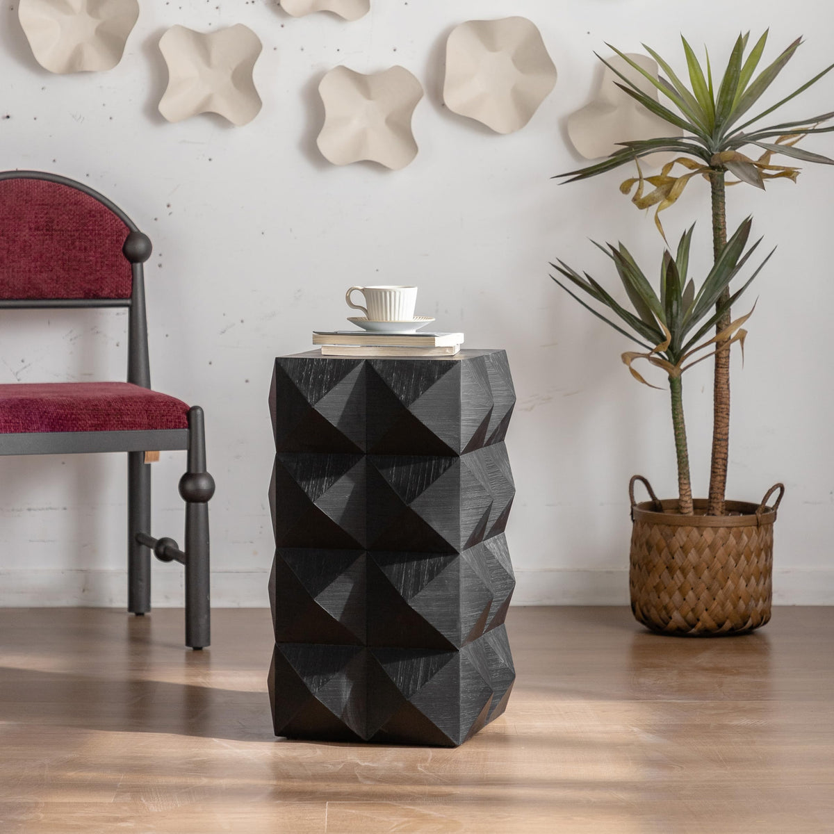 Black Wood Relief Side Table