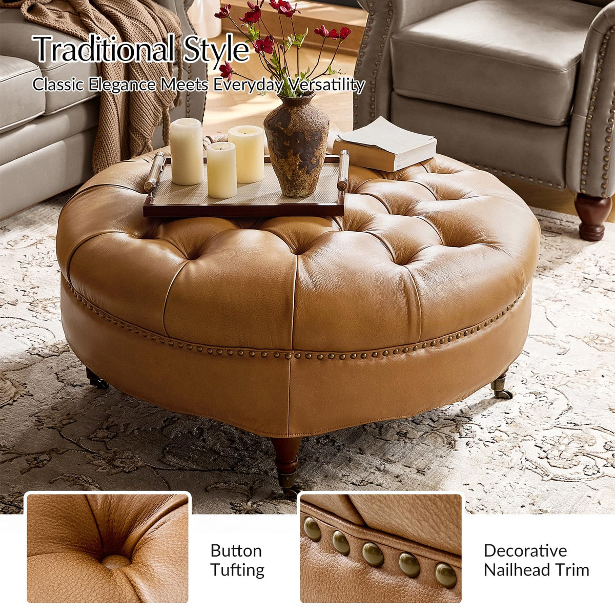 Camel Round Leather Ottoman