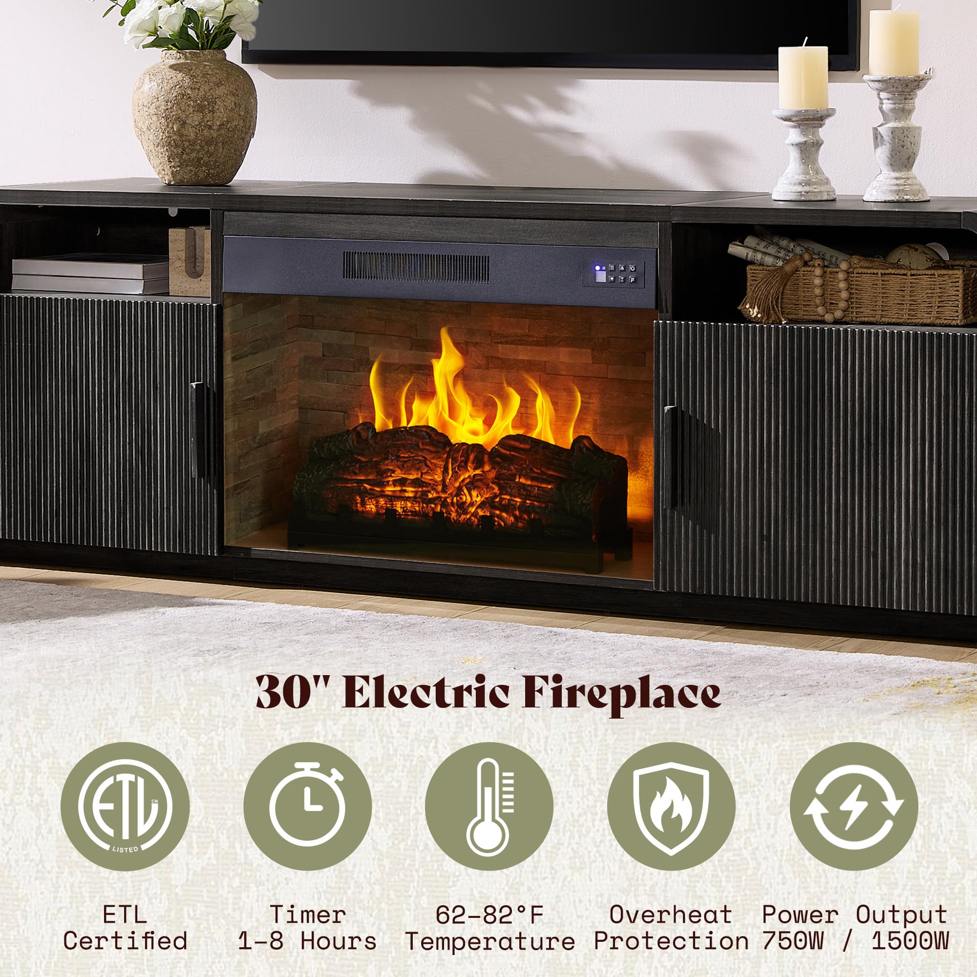 70" Fluted Fireplace TV Stand with Electric Fireplace