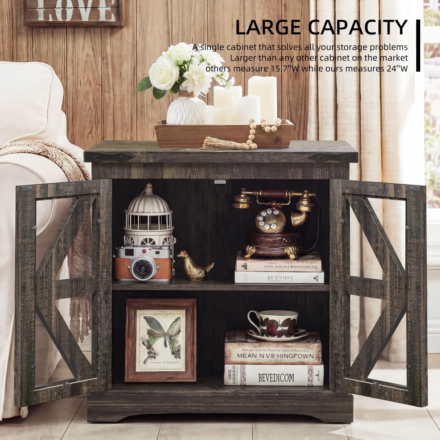 Farmhouse End Table with Glass Barn Door Storage