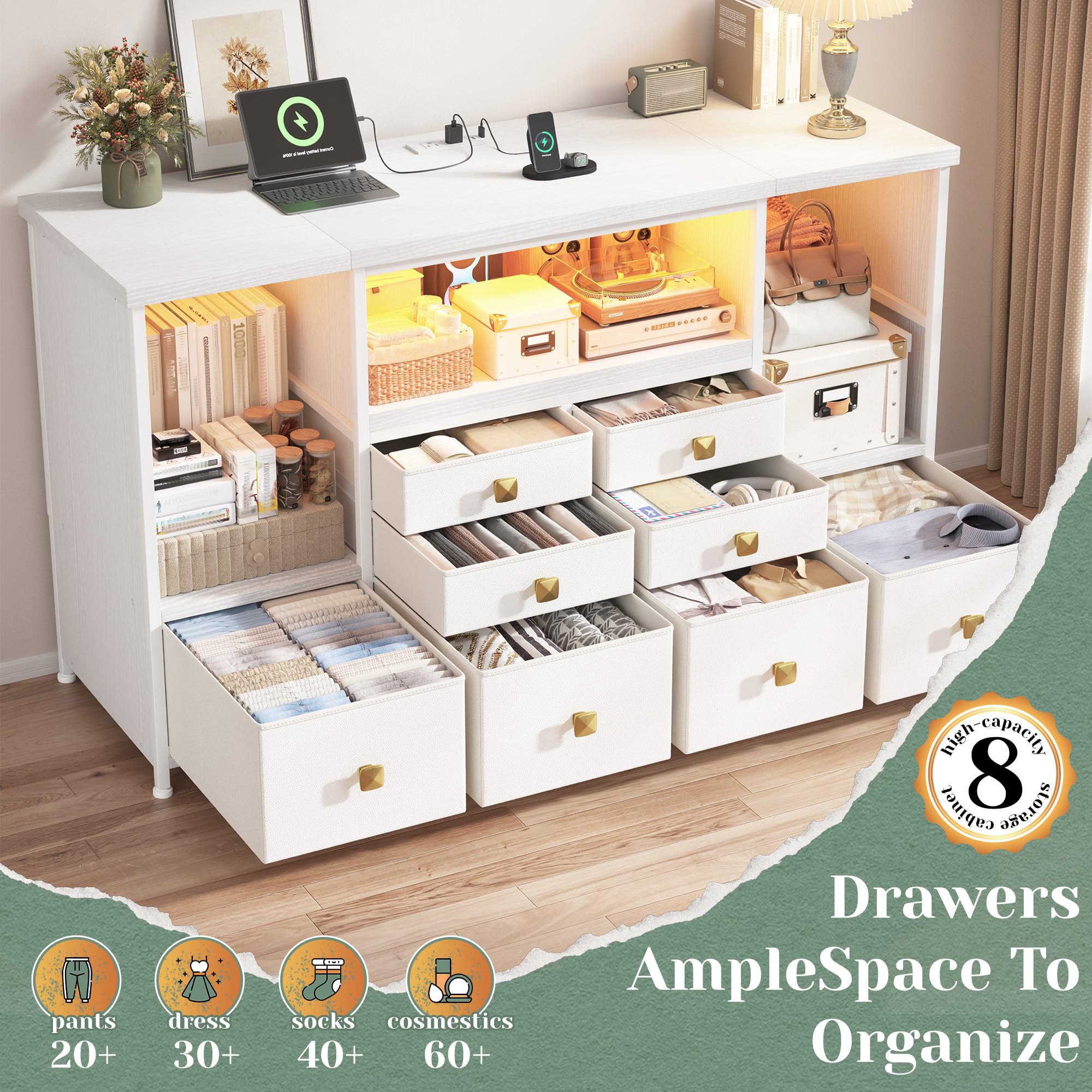Dresser for Bedroom with 8 Fabric Drawers & 17.5''H Semi-Open Wooden Shelf,TV stand with LED Lights & Charging Station,Sturdy Steel Frame & Wood Top,Storage Cabinet for Hallway,Living Room,White