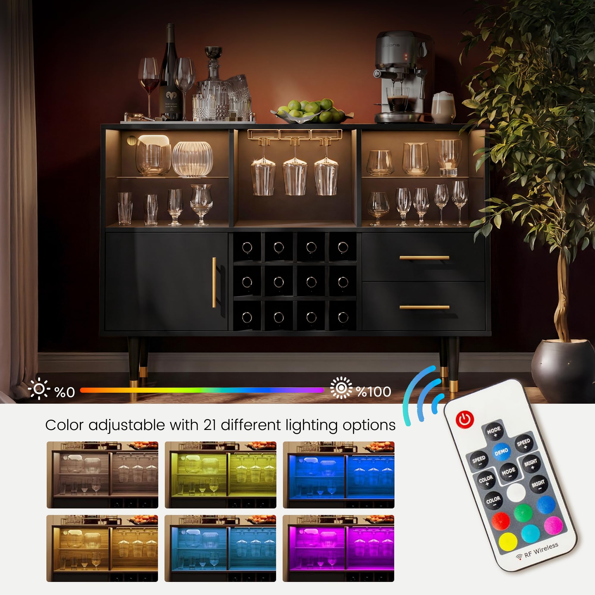 LARMACE 47.2" Modern Wine Bar Cabinet with LED Lights, Liquor Cabinet with Doors and Storage, Coffee Bar Station and Buffet Sideboard for Home Bar,Kitchen,Living Room,Black