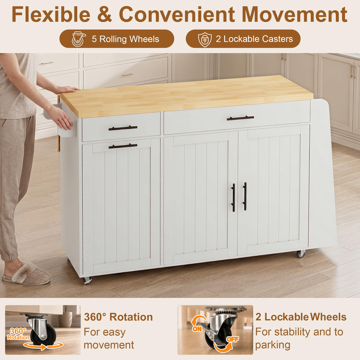DreamDashio 65" Kitchen Island with Drop Leaf, Rolling Island with Spice Rack & Towel Rack, Mobile Kitchen Island Cart with 2 Draws & Trash Storage Cabinet, Portable Island Table on Wheels for Kitchen