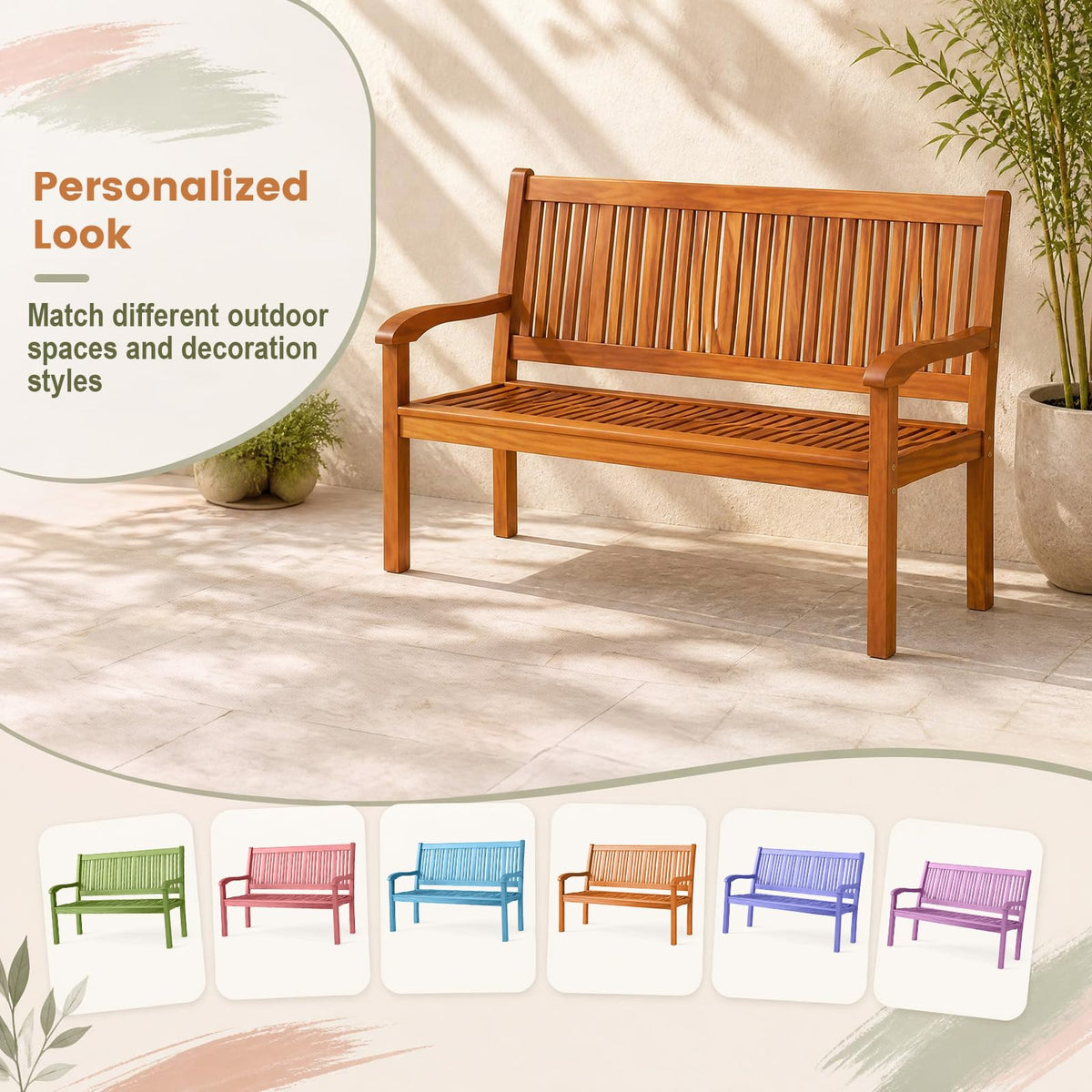 COSTWAY Wooden Bench Outdoor, Curved Armrest & Backrest, Teak Colored