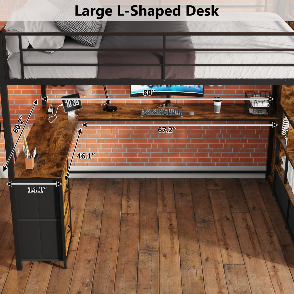 Queen Size Loft Bed with L-Shaped Desk and Storage Stairs, Rustic Brown