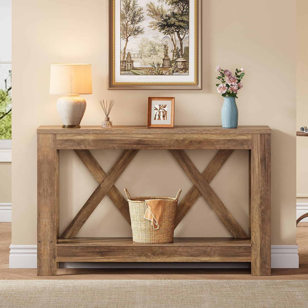 Tohomeor 47.2" Farmhouse Entryway Table, Wooden Rectangular Entry Table, 2-Tier Storage Modern Sofa Table Behind Couch for Entrance, Living Room, Hallway, Foyer, Retro Brown