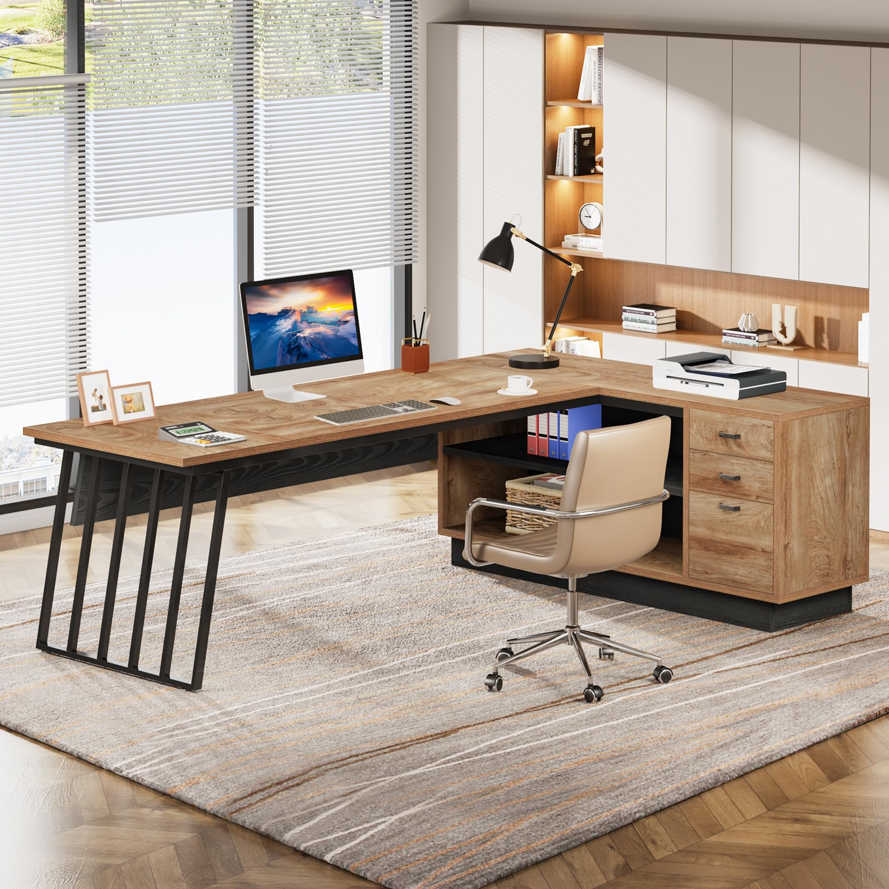 L-Shaped Executive Desk with Cabinet & Drawers