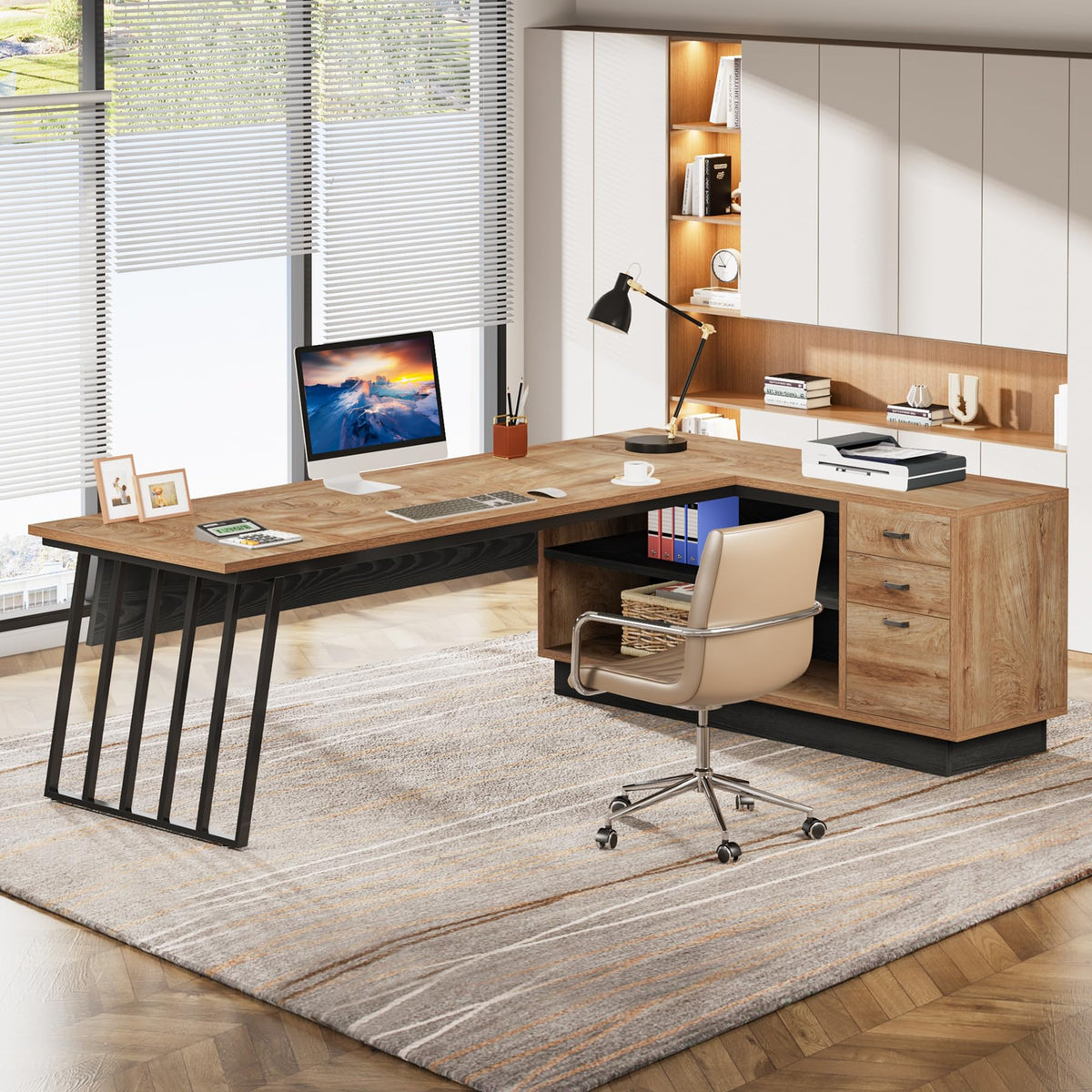 L-Shaped Executive Desk with Cabinet