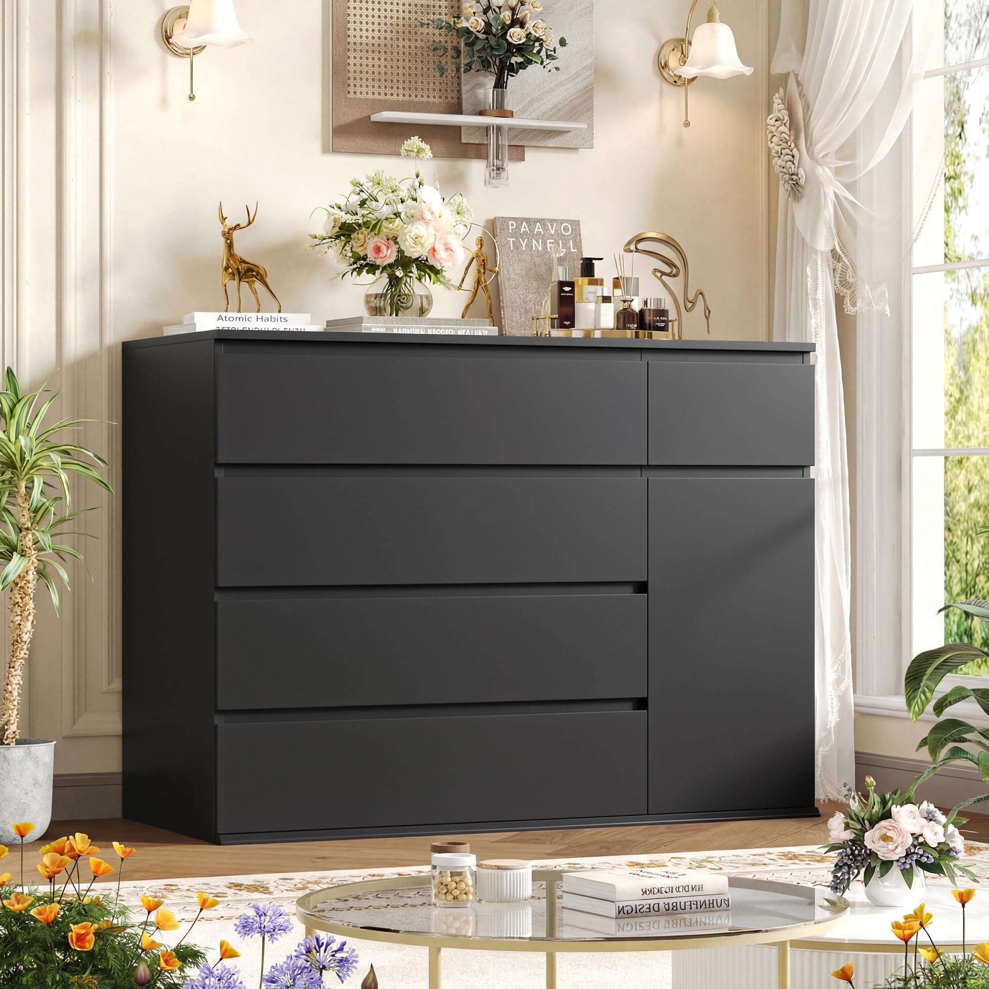 FOTOSOK 5 Drawer Dresser, Black Dresser for TV Stand, Double Wide Storage Chest of Drawers with Door, Deep Drawers and Wide Storage Space