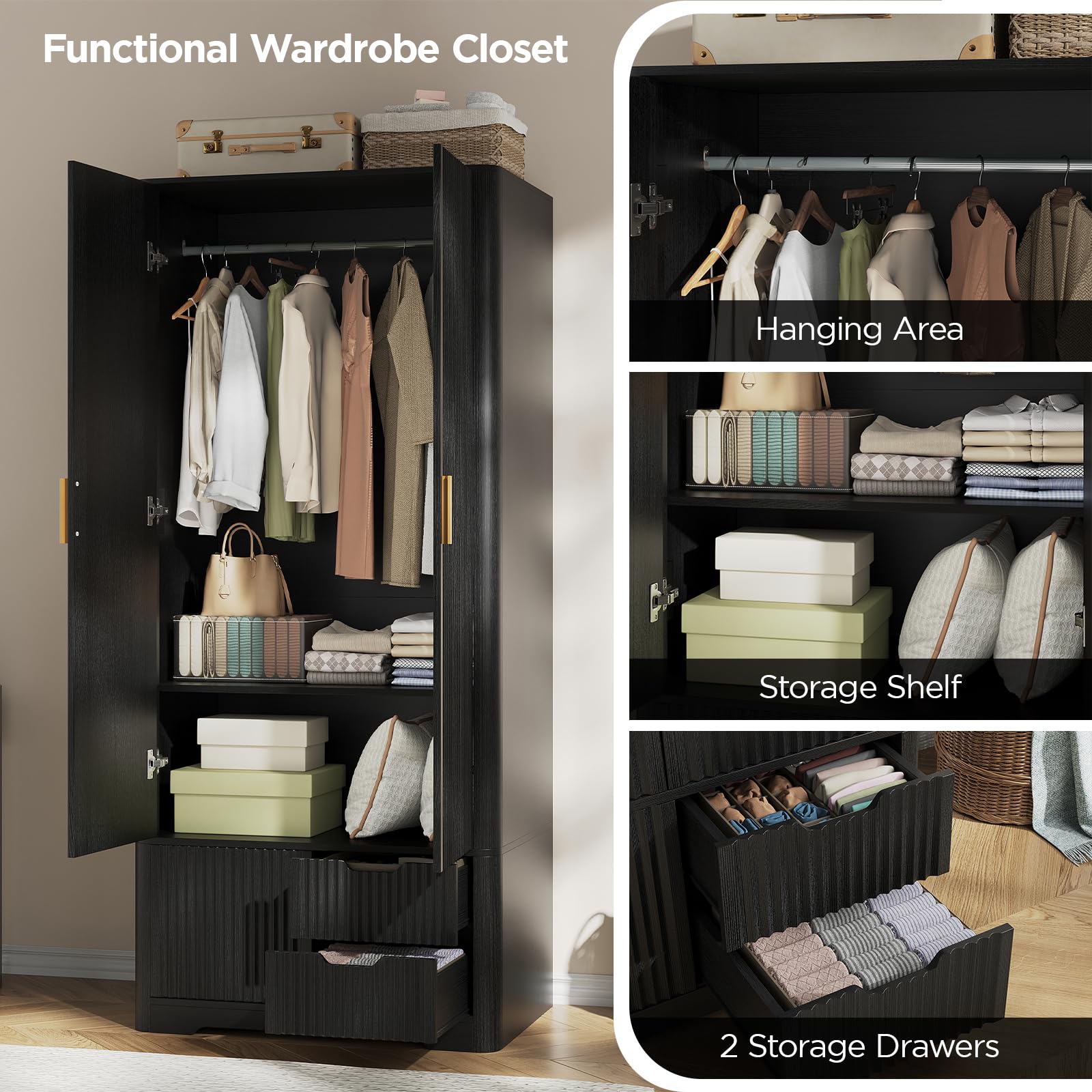 Vabches 71” Tall Armoire Wardrobe Closet with 2 Drawers and Shelves, Large Wooden Wardrobe Cabinet with Hanging Rod, Sliding Cabinet, Modern Fluted Clothing Storage Cabinet for Bedroom, Black
