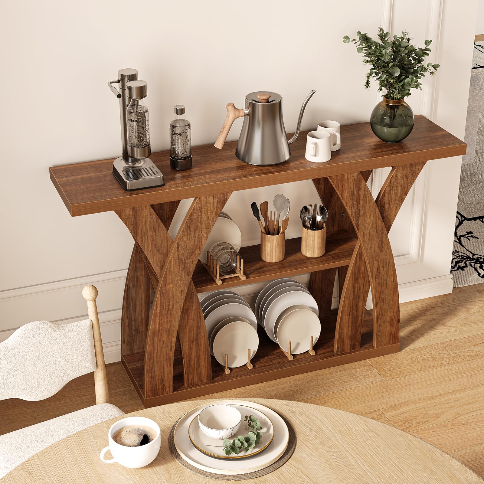 Tarnorci 55 inch Farmhouse Entryway Table, Console Table with 3-Tier Storage, Rustic Striped Brown X-Shaped Narrow Entry Table for Behind Couch, Living Room, Hallway, Foyer