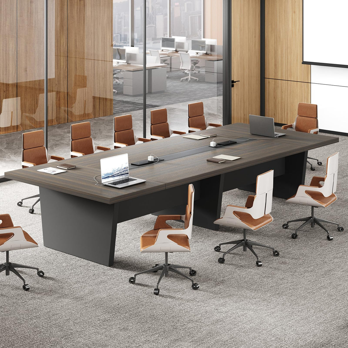 10 ft Conference Table for 10 People, Large Meeting Table with Built-In Power Outlet, Cable Management & 2-Inch Thickened Tabletop, Office Conference Room Table, Walnut and Charcoal Gray, 118"L