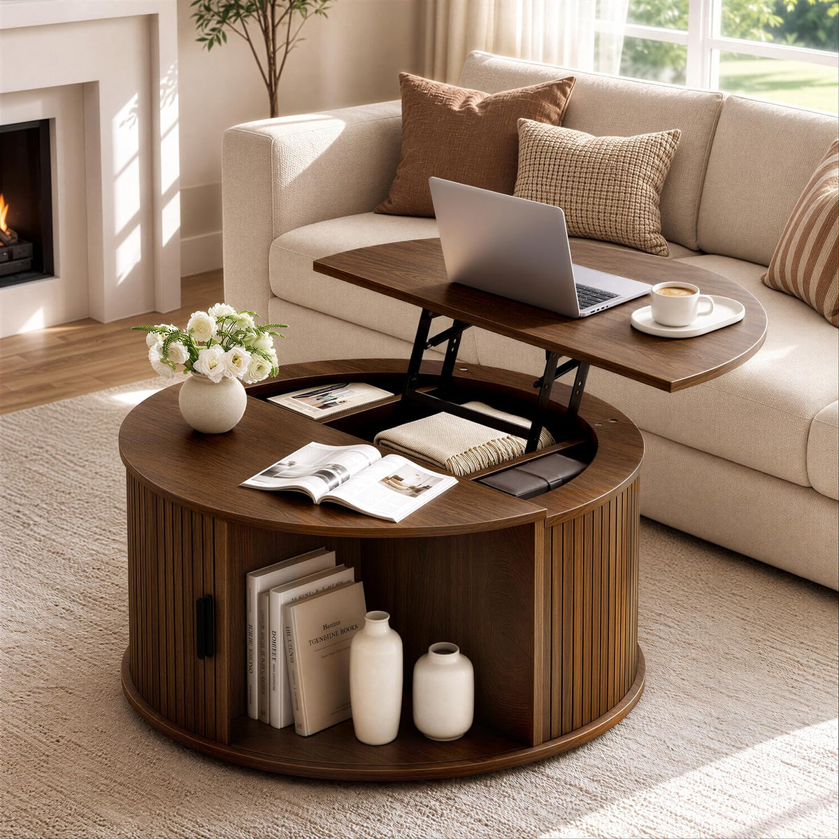 Walnut Round Lift-Top Coffee Table