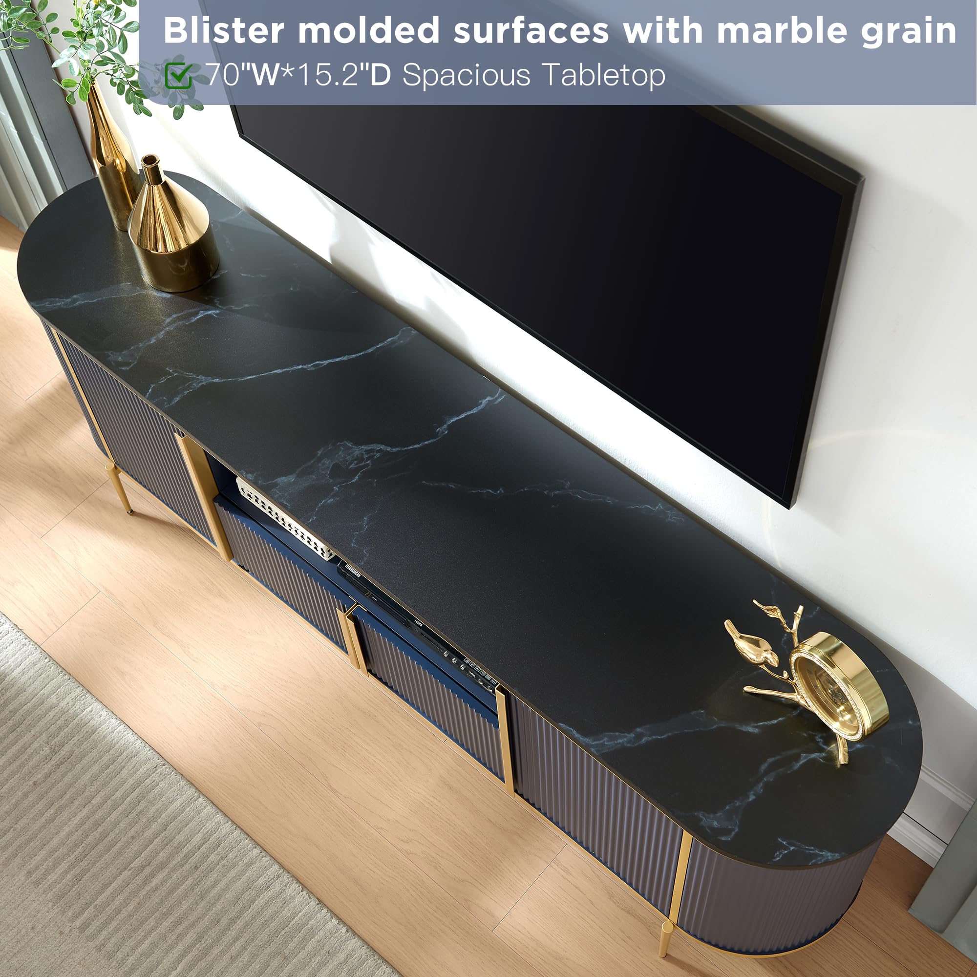 OKD Luxury 70" Fluted TV Stand, Modern Entertainment Center for TVs Up to 80 inches, TV Console with Faux Marble Top, Curved Profile Design, Media Console for Living Room, Blue