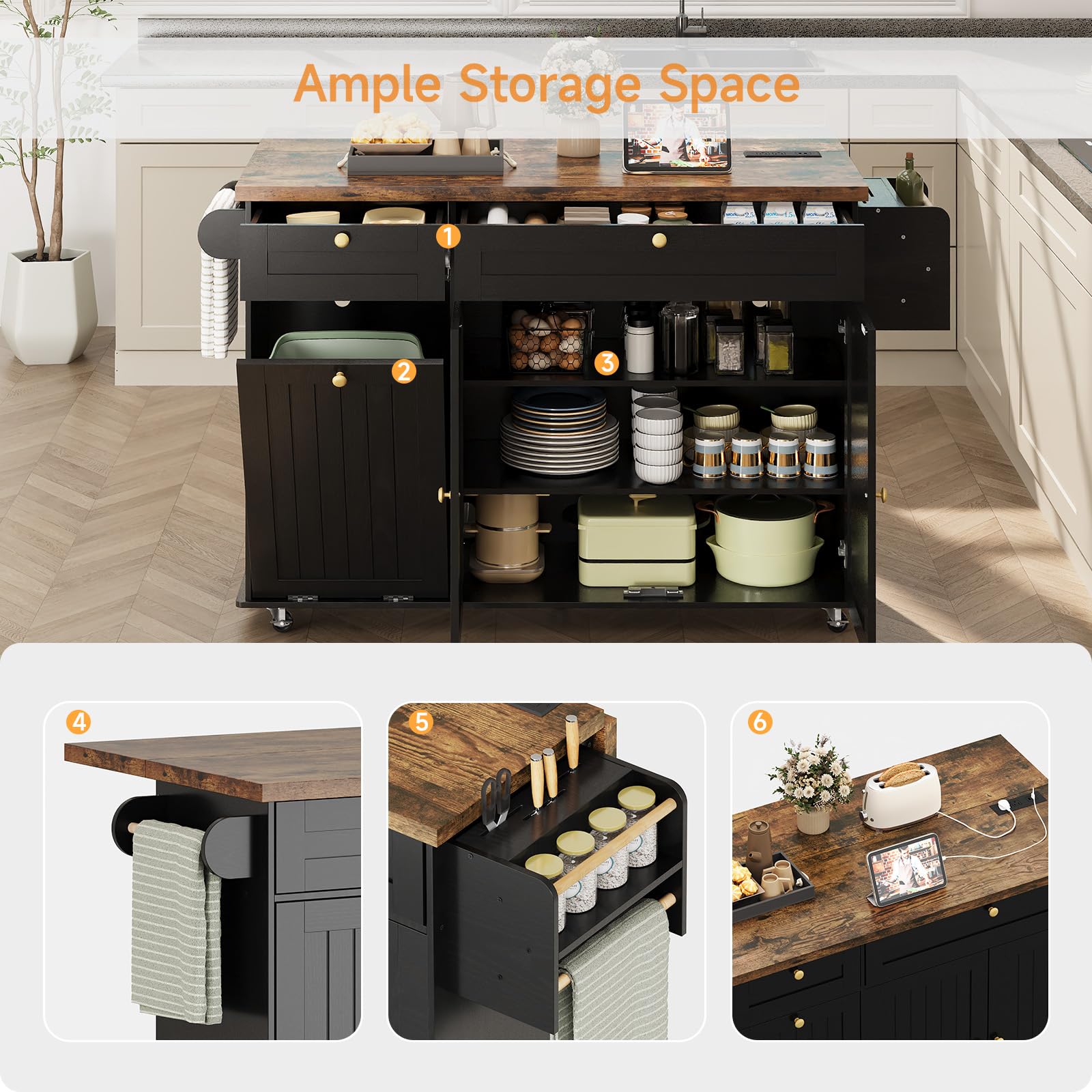 ComfyCorner 60" Rolling Large Kitchen Island on Wheels with Extendable Table, Drop Leaf & Power Outlet, Mobile Kitchen Cart with Storage Cabinet, 2 Drawers, Spice Rack, Towel & Knife Holder, Black
