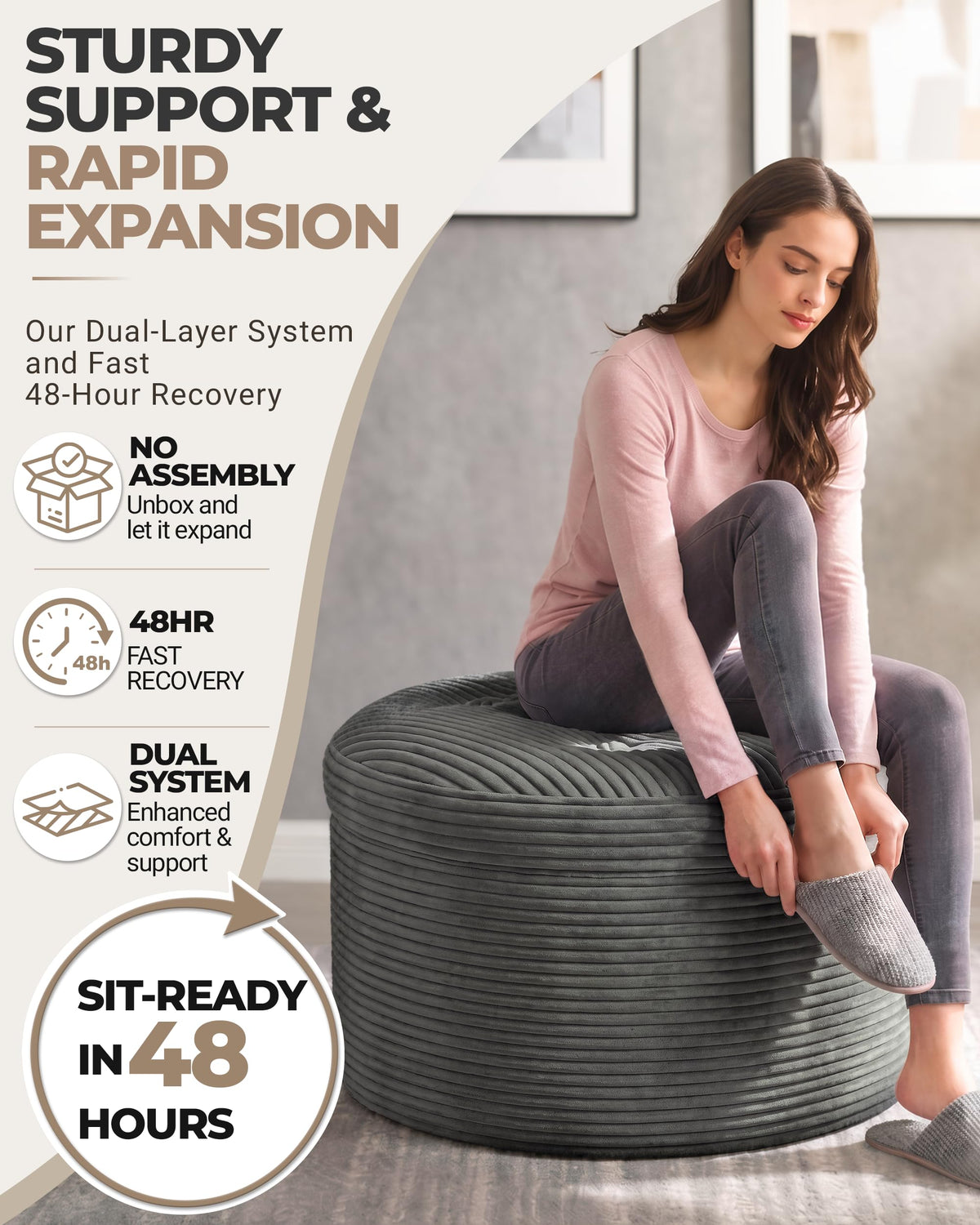 Fabulcozy 23.6in Round Pouf Ottoman, Corduroy Footstool Foot Rest Seating