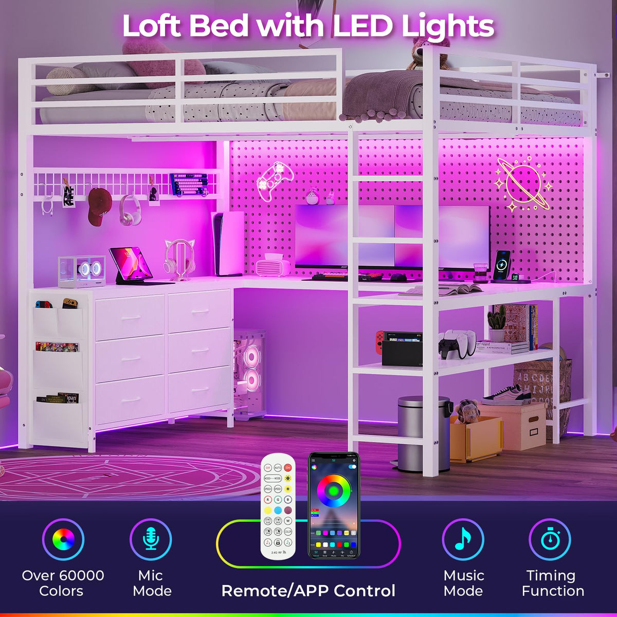 ADORNEVE Loft Bed Full Size with U-Shaped Desk, 6 Storage Drawers,White