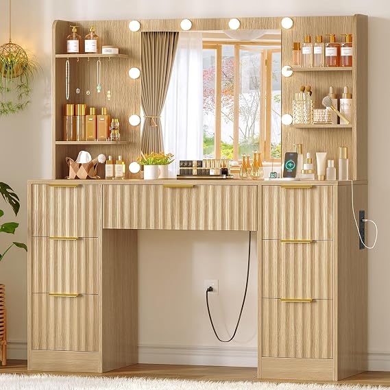 Fluted Vanity Desk with LED Mirror, Power Outlet & Drawers