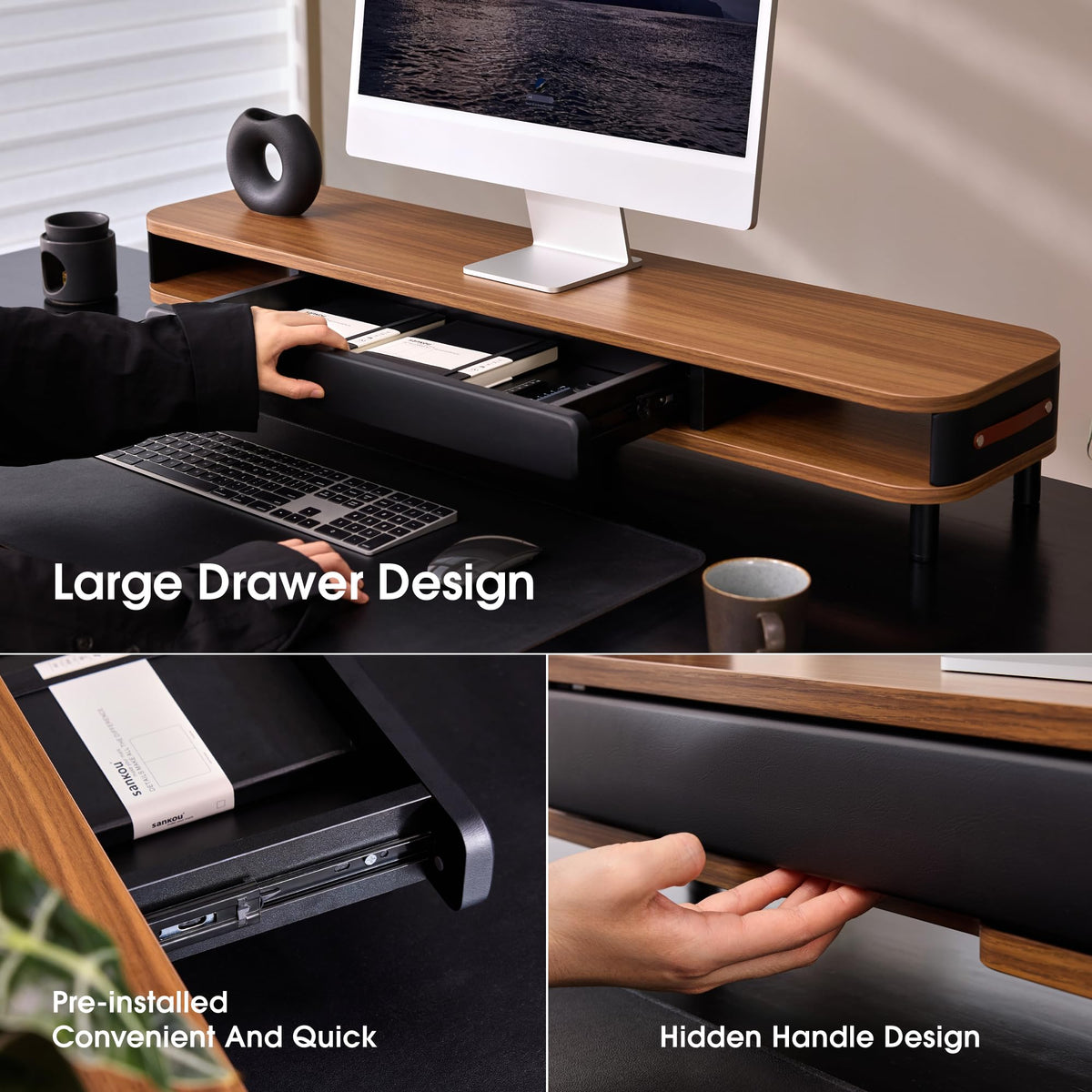 Fenge Dual Monitor Stand with Large Storage Drawer, 42.5" Desk Shelf, Brown