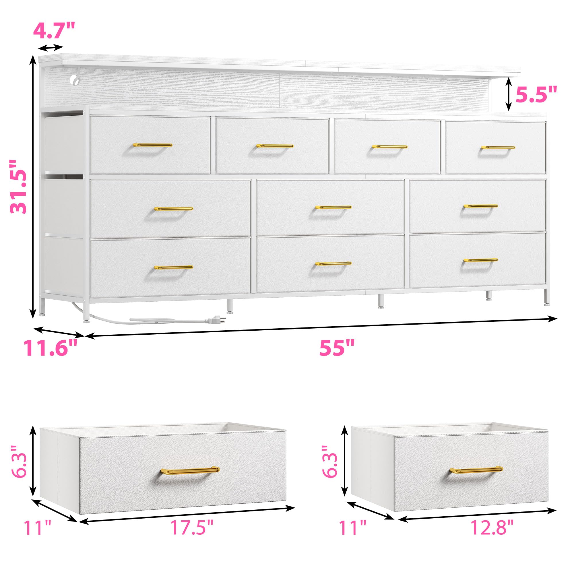 EnHomee 55" W White Dresser for Bedroom with 10 Fabric Drawers Long Dressers & Chests of Drawers with LED Lights & Power Outlets Large Dresser for Bedroom for Hallway, Metal Frame, White