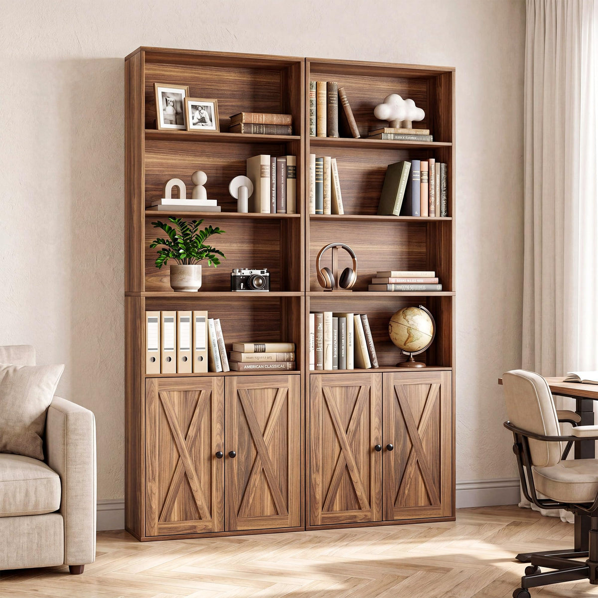 IRONCK Tall Bookshelf 70 in, Bookcases with Doors, Set of 2, Oak Brown