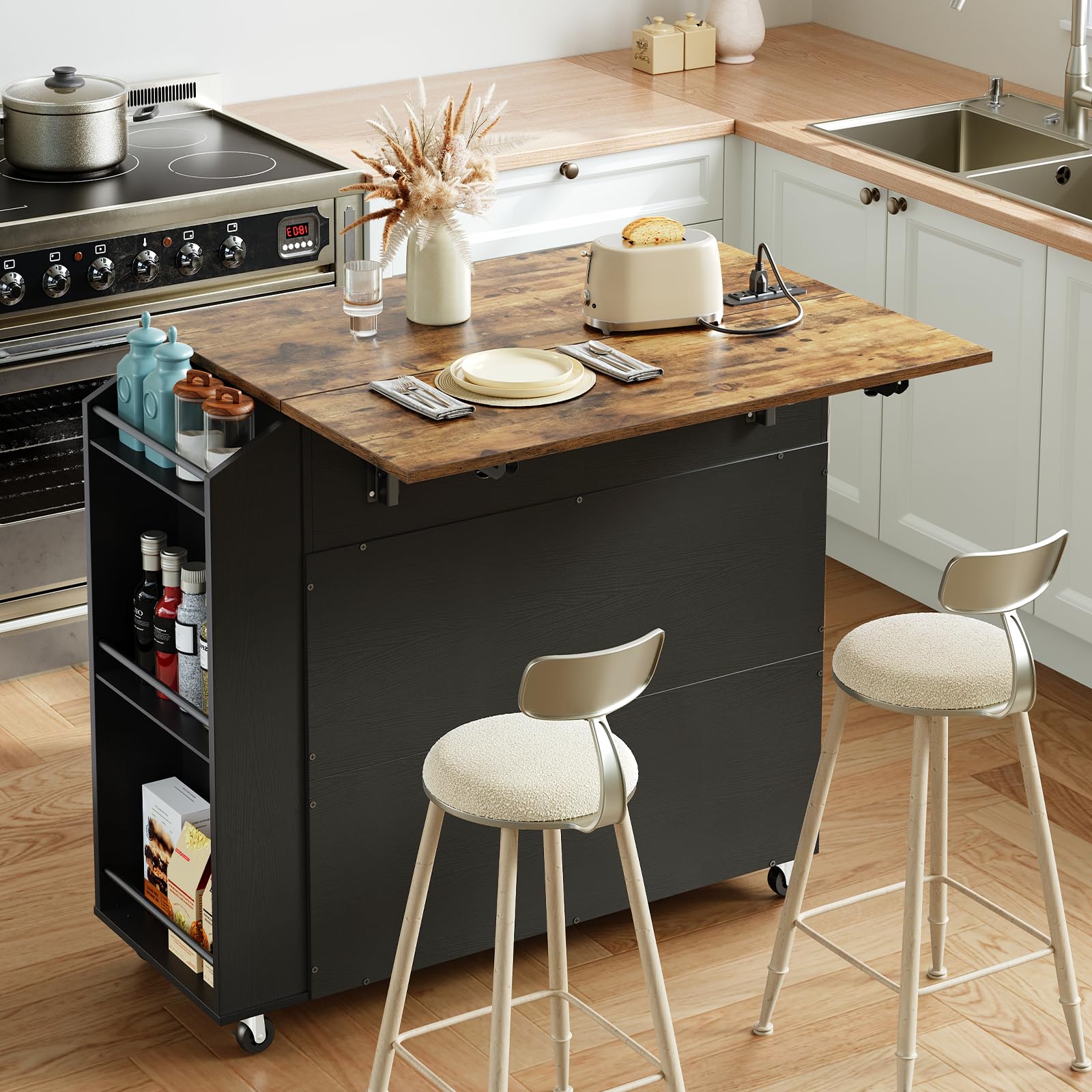 Rolling Kitchen Island with Drop Leaf & Power Outlet