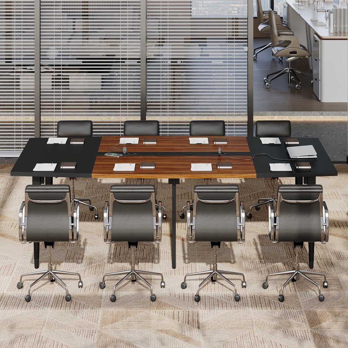 Yanosaku 8FT Conference Table with Power Hubs, Large Meeting Table for 8-10 People, Sturdy Metal Legs, 2 Cable Grommets, Modern Office Conference Table for Conference Room, Office, Meeting Room