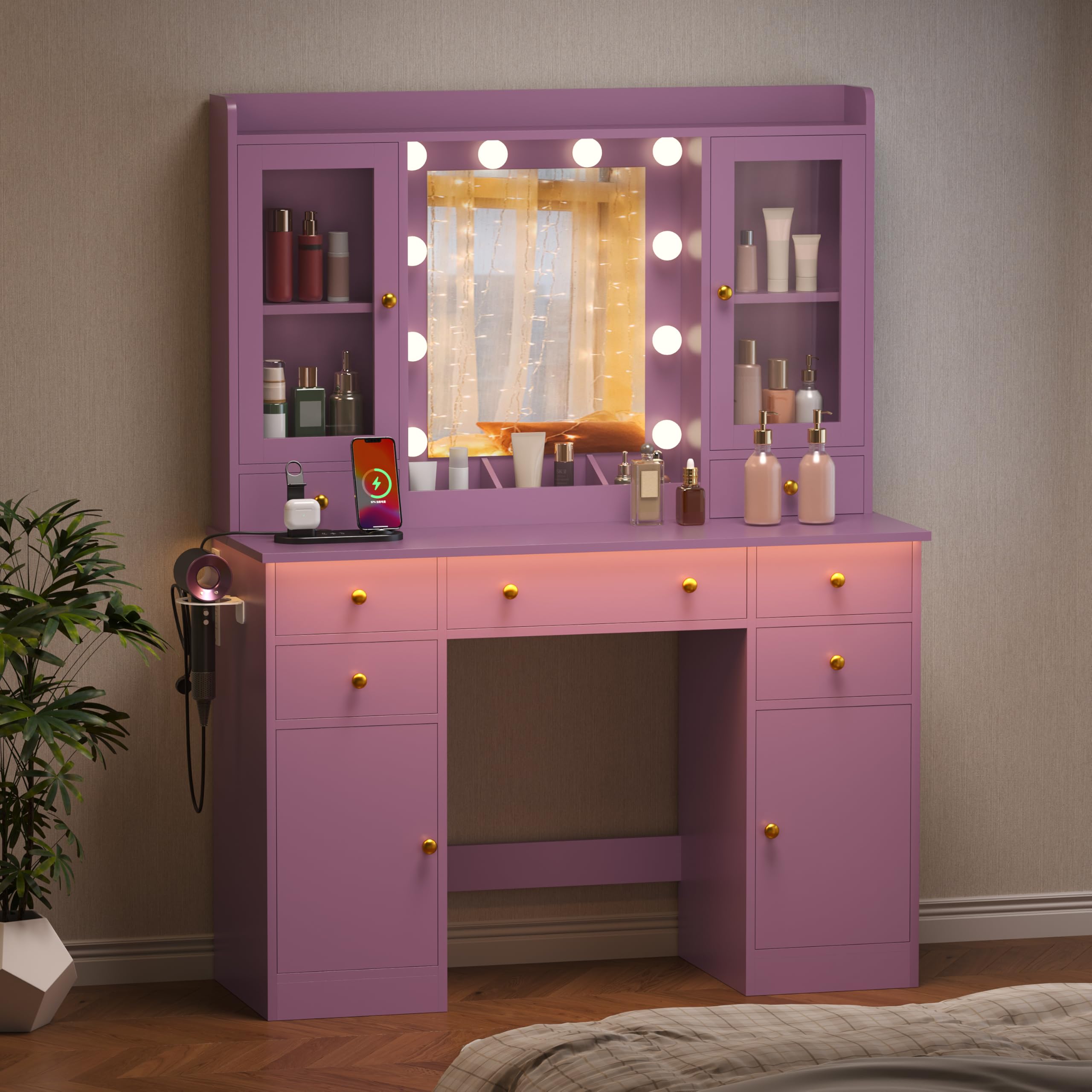 HUANLEGO Vanity Desk with Mirror and Lights, Purple Makeup Vanity Mirror with Lights & Power Outlet and 7 Drawers, 2 Cabinet, 3 Color Modes Adjustable, Dressing Table Set for Girls Women