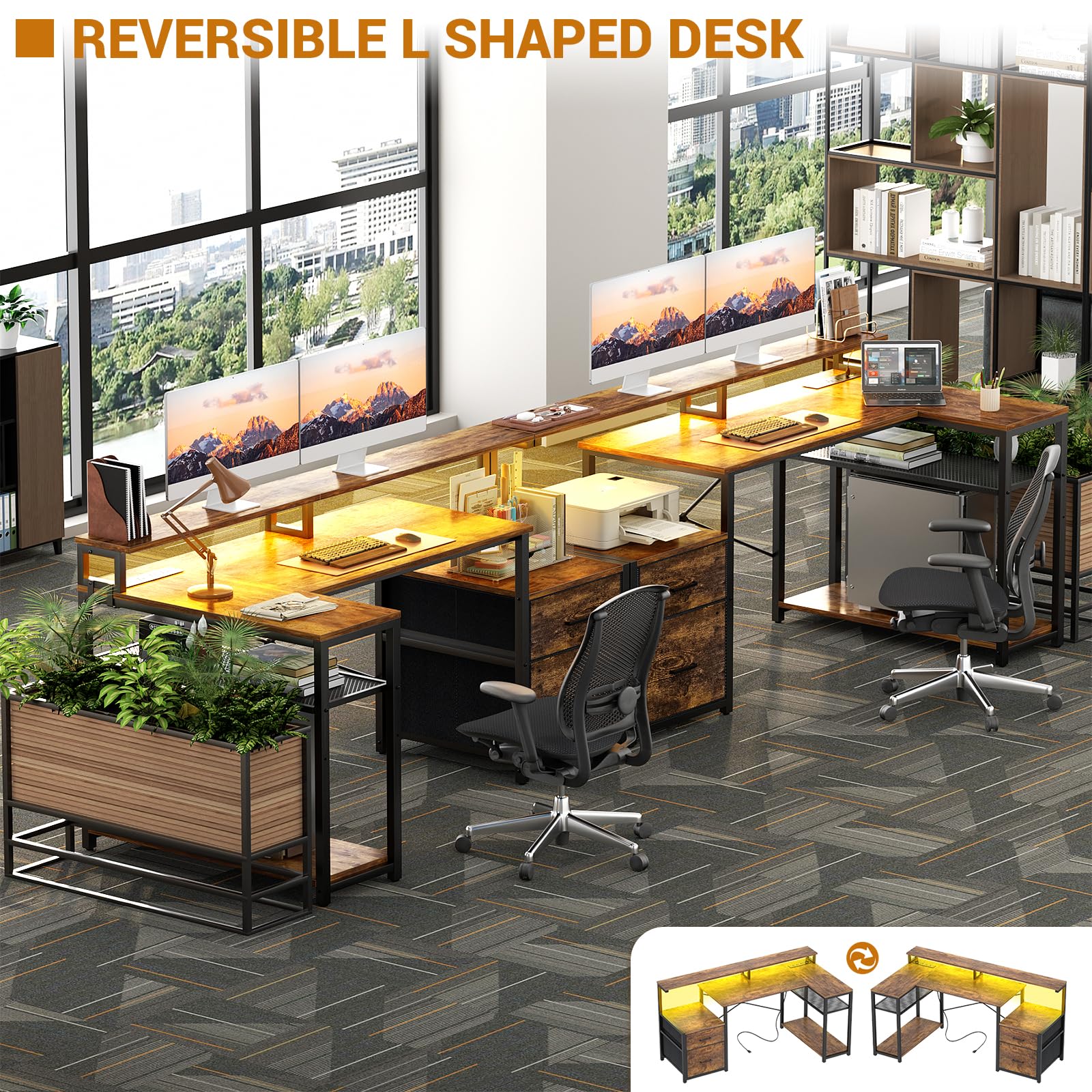 Aheaplus L Shaped Desk with File Drawer, Reversible L Shaped Computer Desk Gaming Desk with Power Outlet & LED Strip, Home Office Desk Corner Desk with Monitor Shelf, Storage Shelves, Rustic Brown