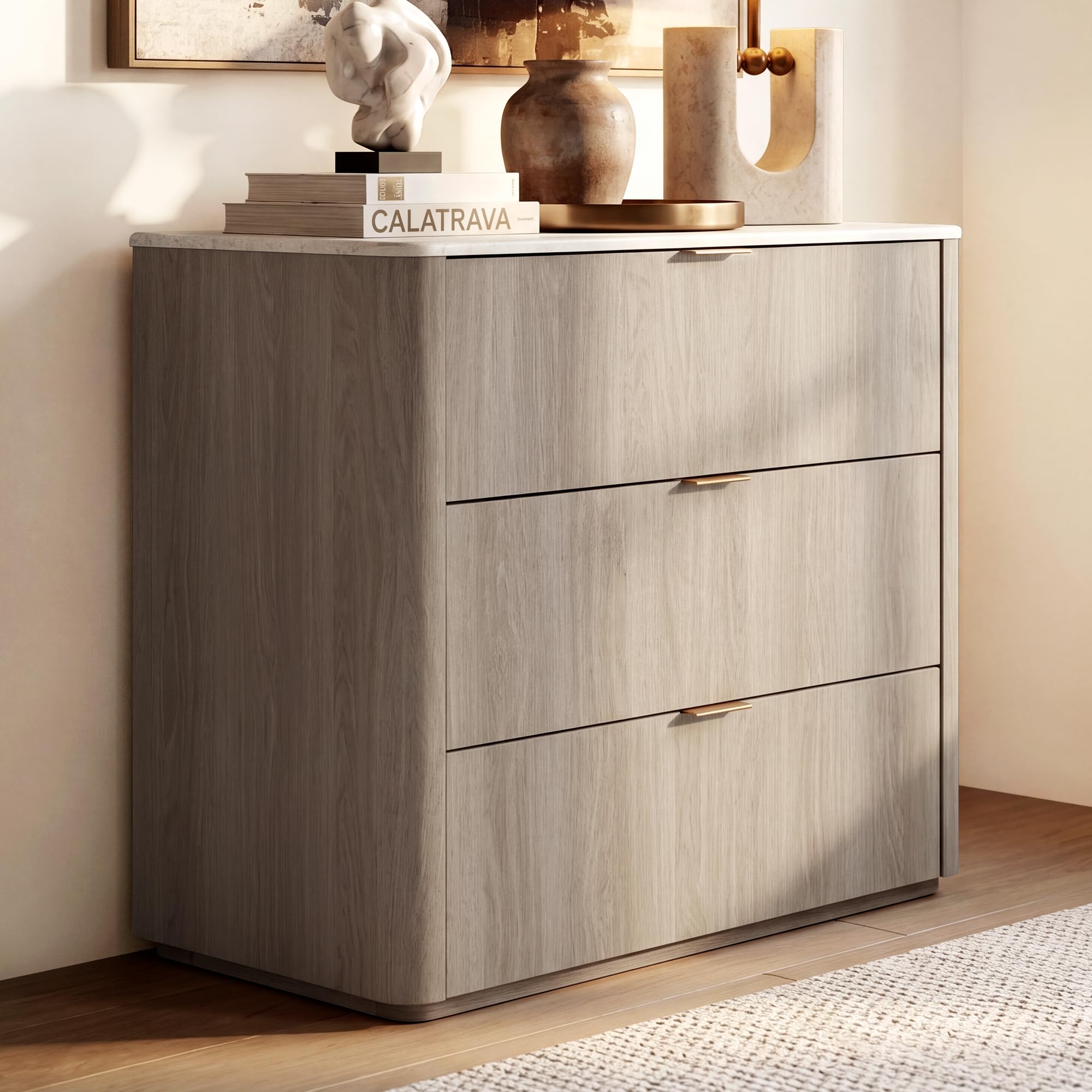 ModernMate 3 Drawer Dresser with Curved Profile & Faux Travertine Texture, 31.5" Large Nightstand Anti-Tip Chest of Drawers for Bedroom, Living Room, Wood Grain Gray