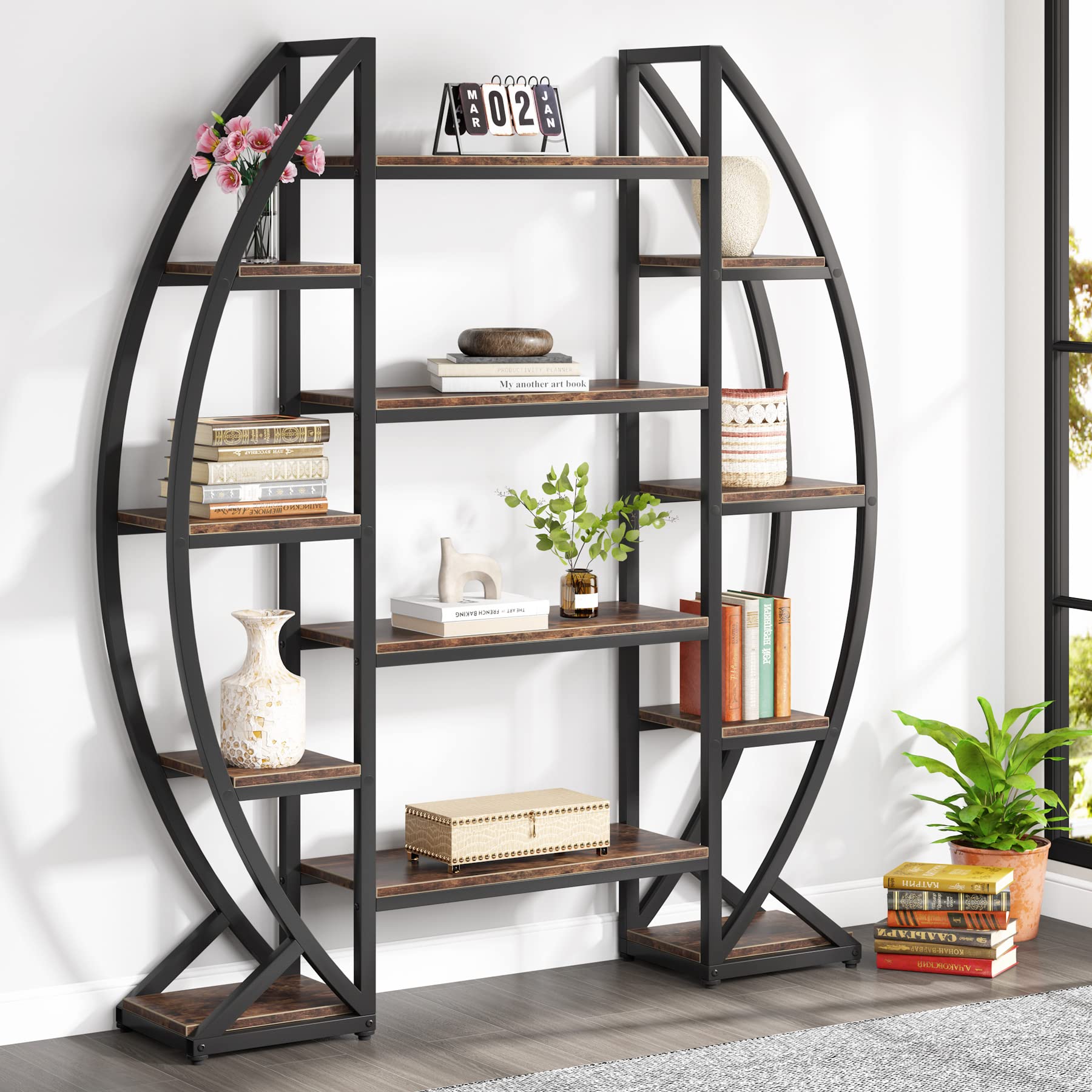Triple Wide Oval Etagere Bookcase – 5-Tier, 12 Shelves, Industrial Metal Frame