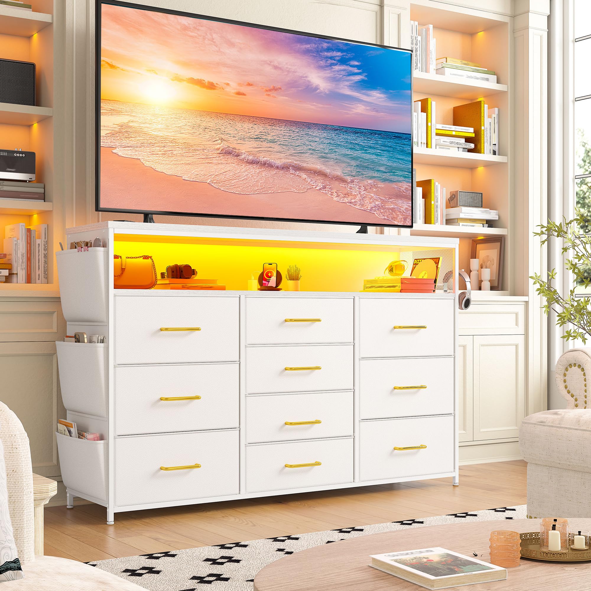 EnHomee 10 Drawer Dresser for Bedroom with Wood Open Shelves, 55" TV Stand for Bedroom with Power Outlets and LED Lights, Fabric Dressers & Chest of Drawers with Side Pocket, White