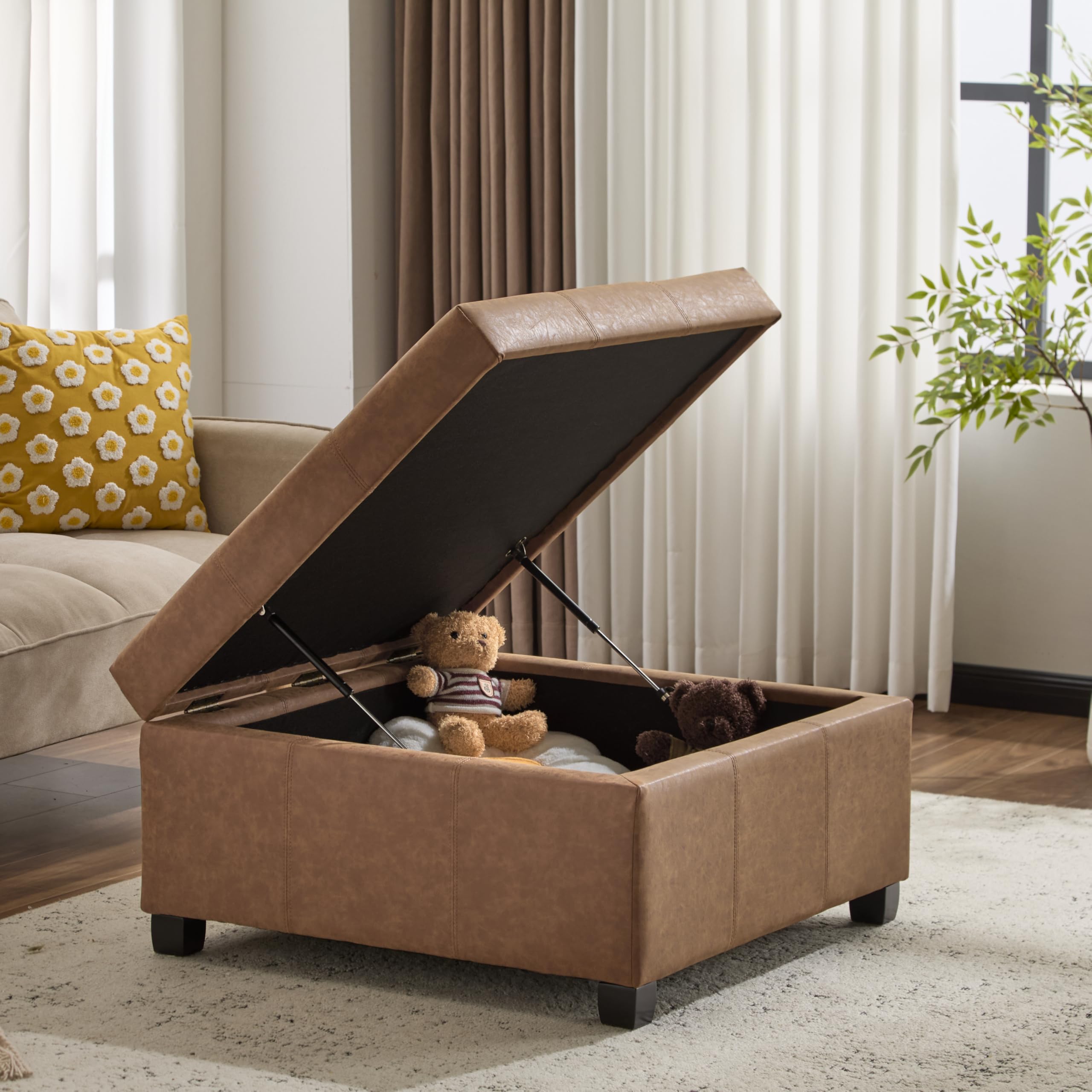 Square Storage Ottoman with Tufted Faux Leather & Wood Legs