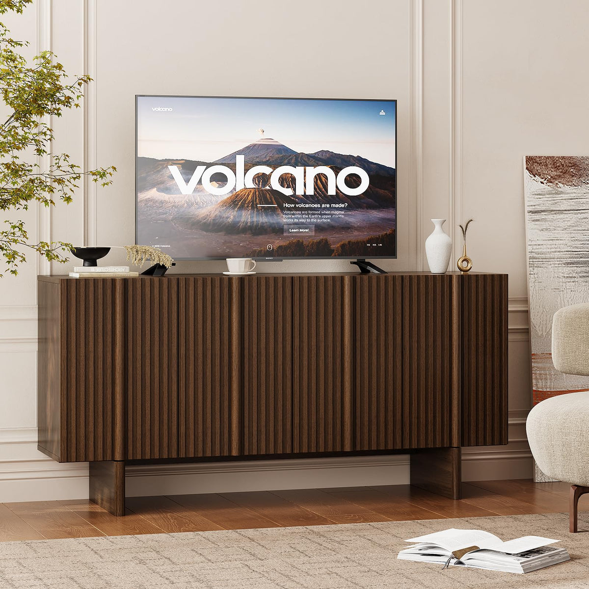 ONBRILL 63" Fluted Sideboard Cabinet with Storage Adjustable Shelves Walnut
