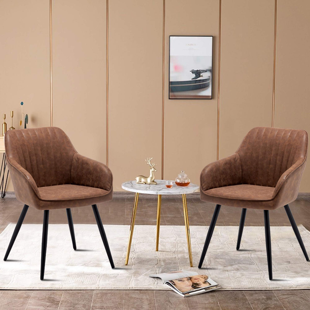 Faux Leather Accent Chair Set of 2 Upholstered Living Room Chairs Brown