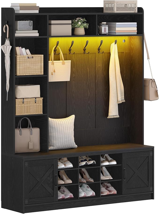 LED Farmhouse Hall Tree with Bench & Shoe Storage