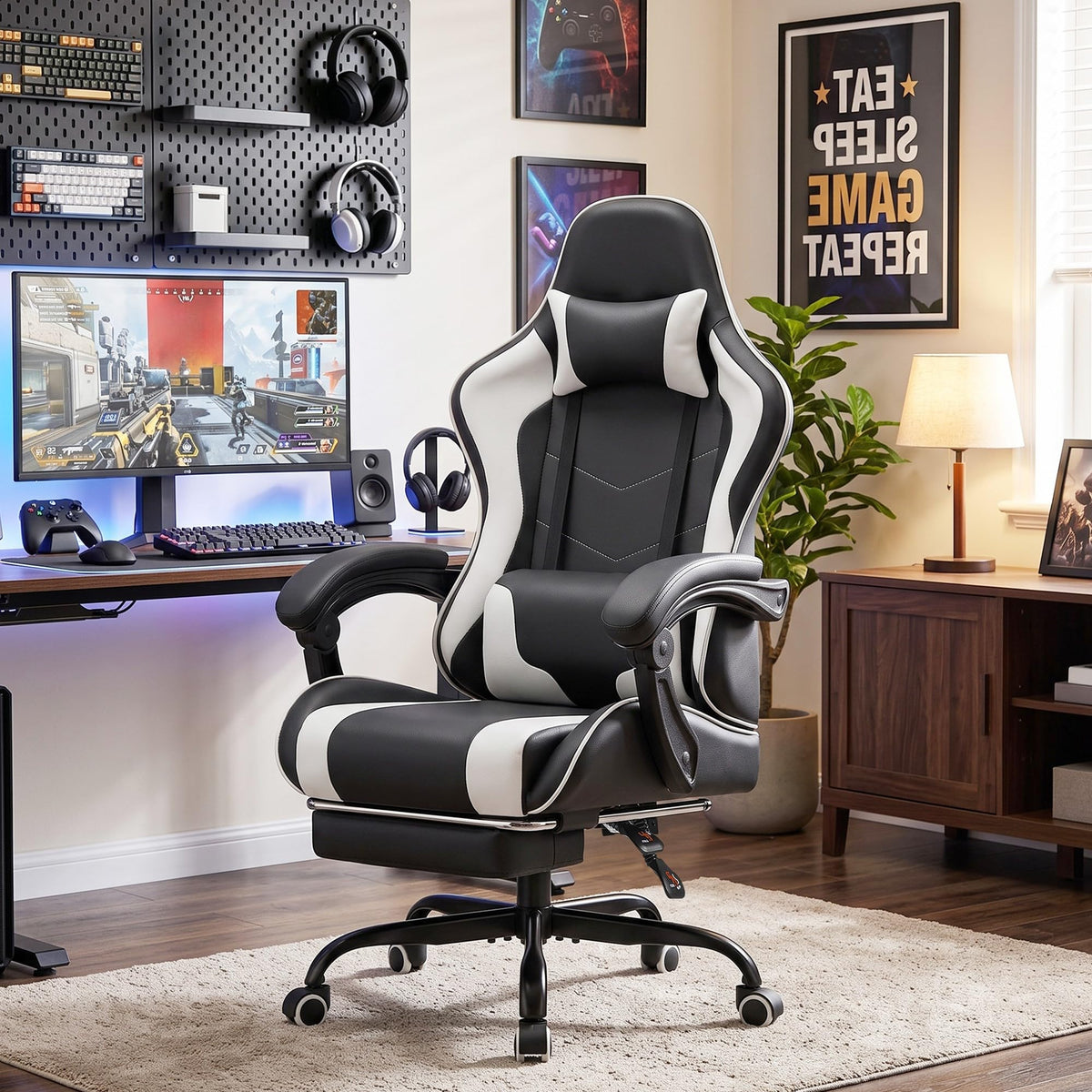 Homall Ergonomic Gaming Chair, Massage Lumbar Support, Light White