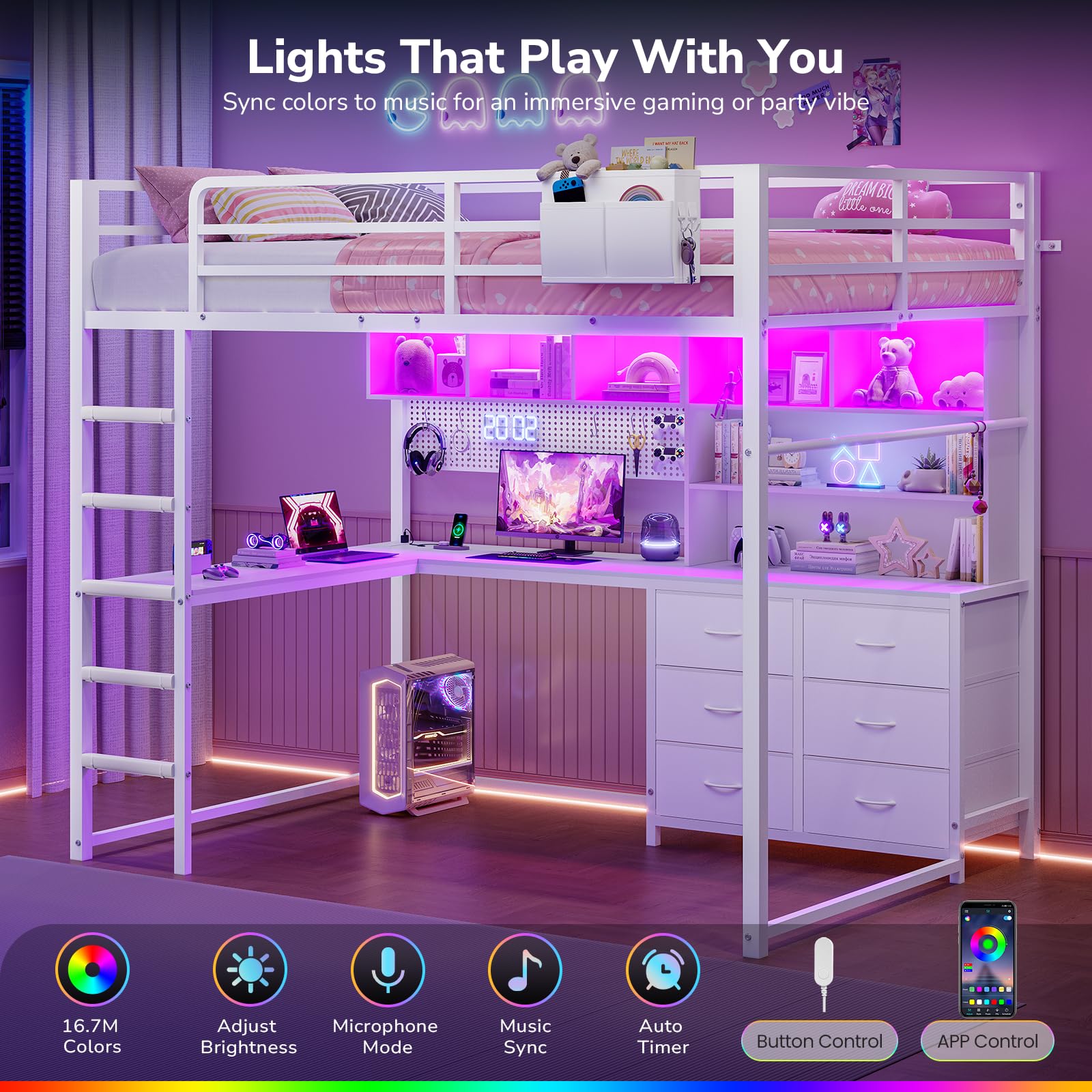 Full Size Loft Bed with Desk, Storage & LED Lights