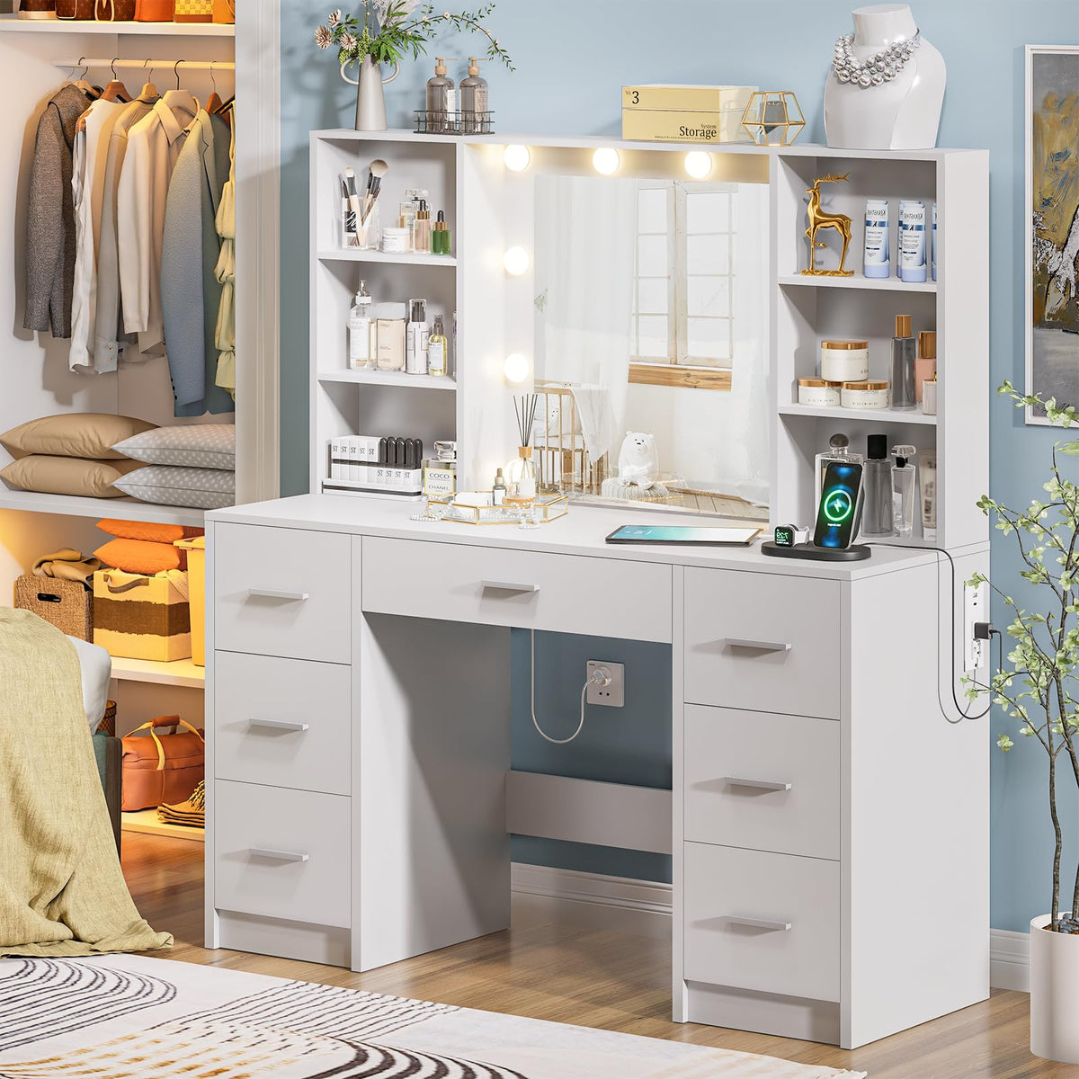 DDONGMM Vanity Desk with Lighted Mirror & Power Outlet, Makeup Vanity with 7 Drawers and 6 Storage Shelves, Bedroom Dressing Table with 3 Lighting Modes & Brightness Adjustable for Girls, Women, White