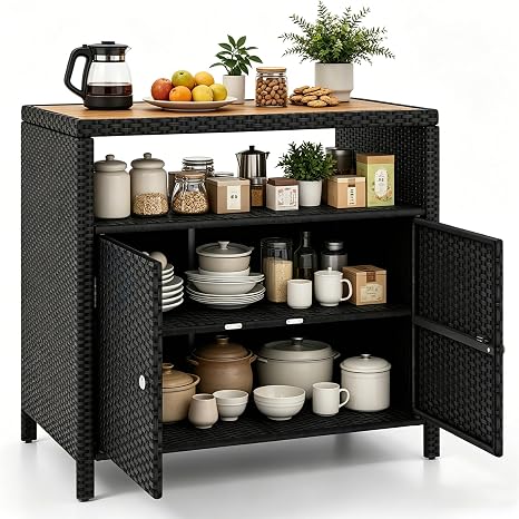 Outdoor Rattan Storage Cabinet with Acacia Wood Countertop