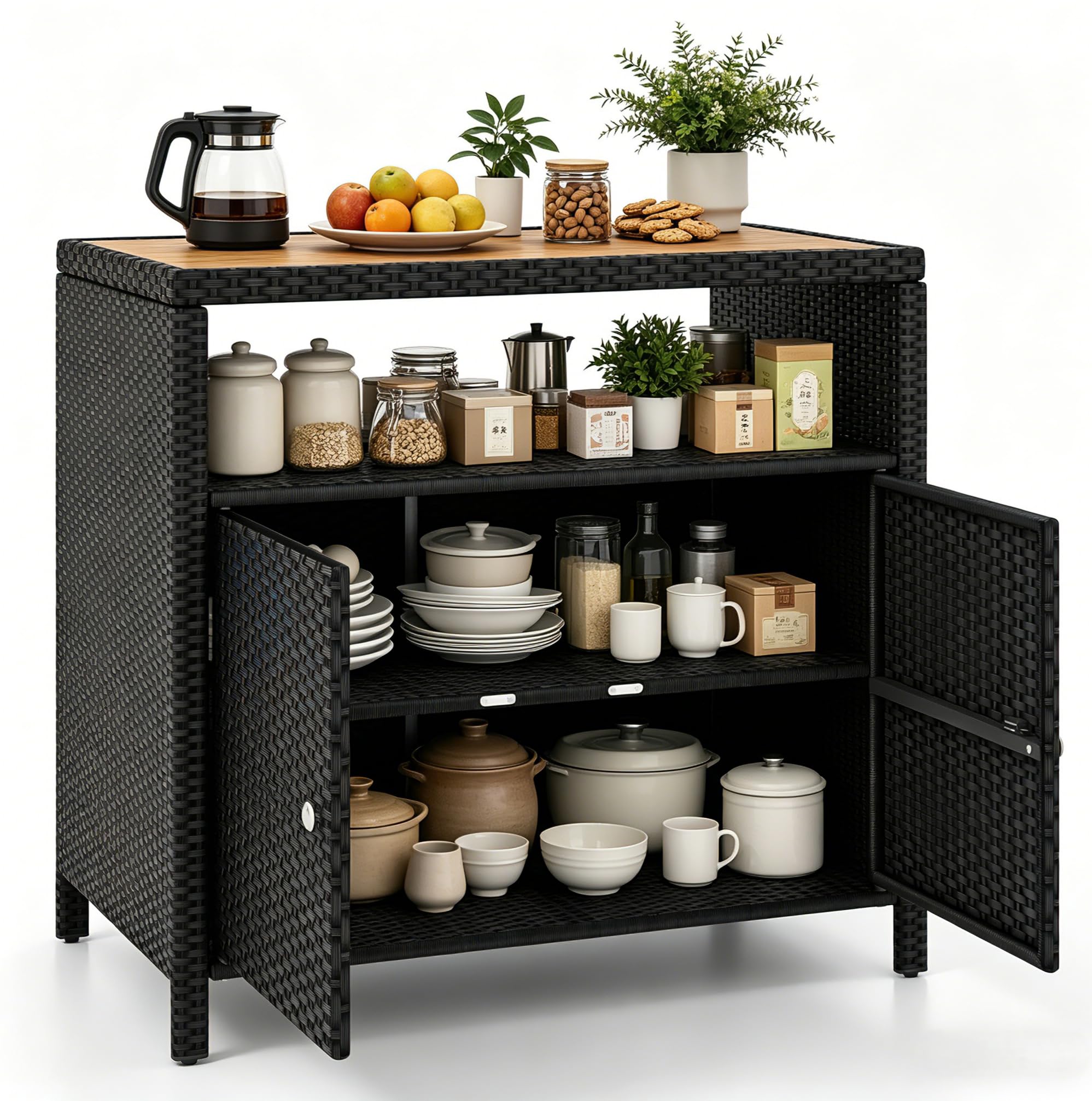 RELAX4LIFE Wicker Outdoor Bar Cabinet - PE Rattan Patio Bar Table w/Acacia Wood Countertop, Open Shelf & 2 Doors, Buffet Sideboard Organizer for Garden Backyard Pool, Outside Storage Cabinet (Black)