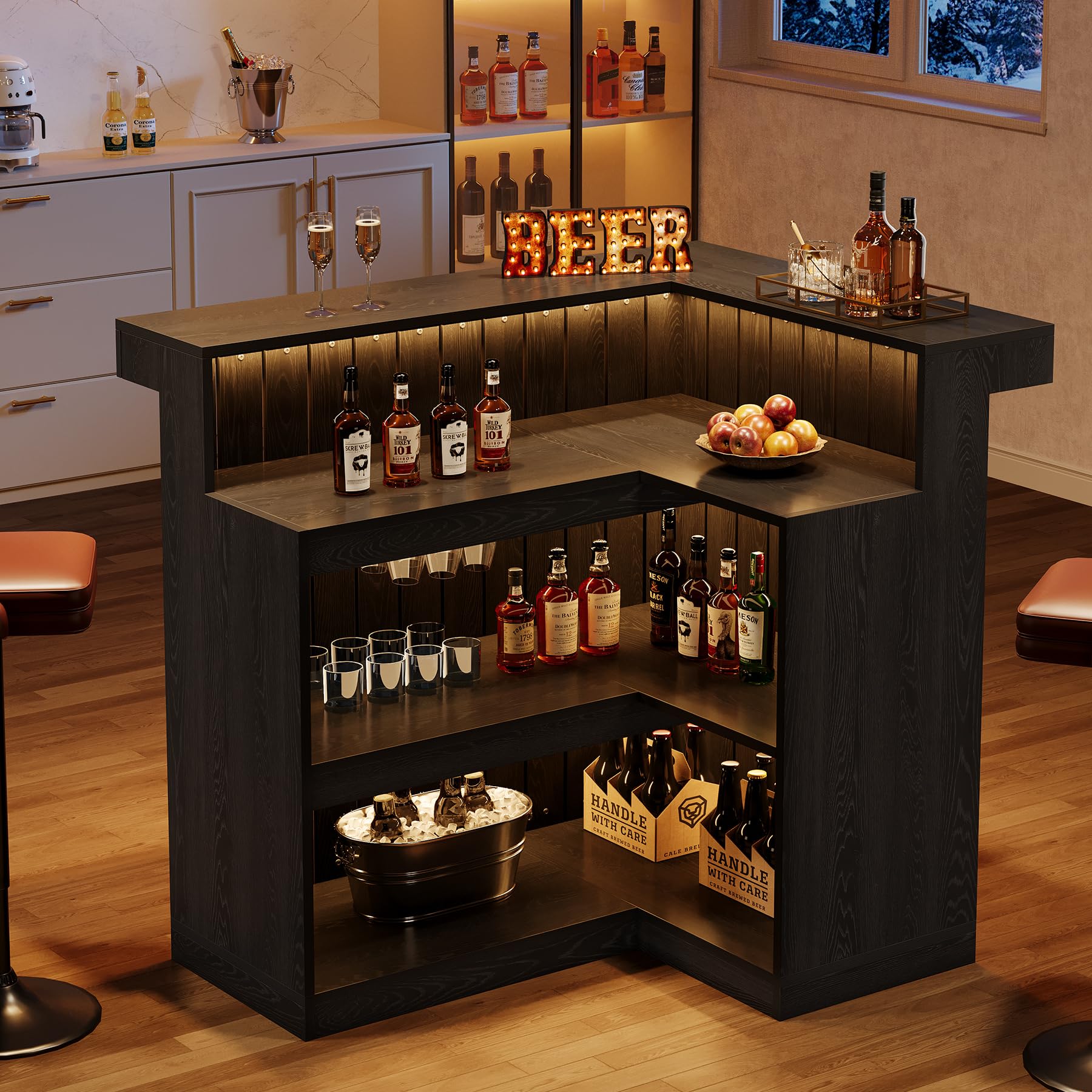 Tribesigns L Shaped Bar Table, 4-Tier Home Bar Unit with Wine Glasses Holders, Farmhouse Counter Height Pub Table with Storage Shelves, Corner Wine Table for Basement, Living Room (2, Black)
