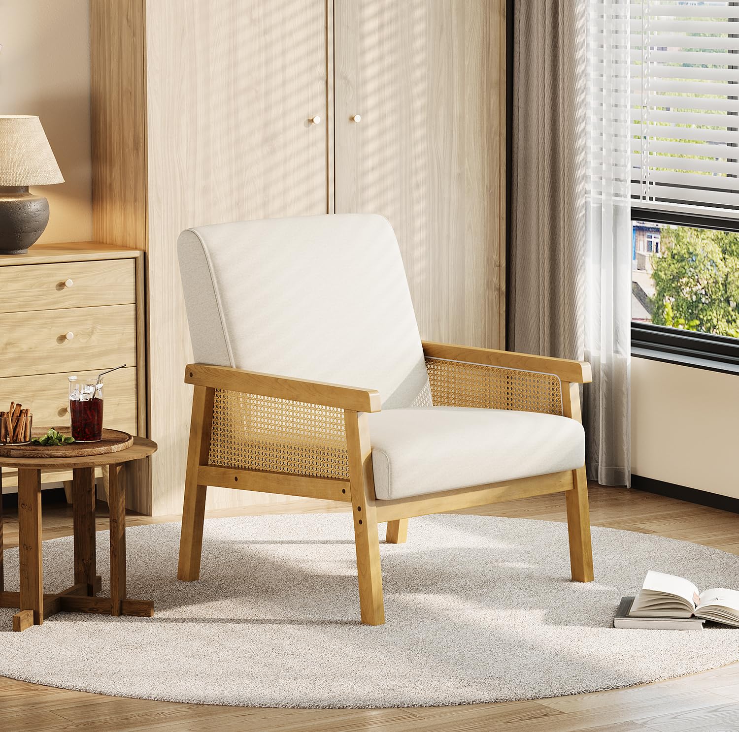 Rattan Accent Chair with High Back & Wooden Frame