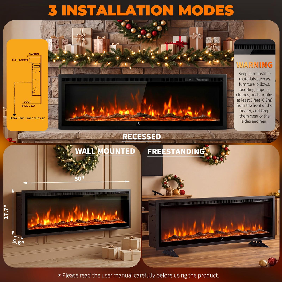 BINMIT 50 Inch Smart Electric Fireplace Insert Recessed and Wall Mounted
