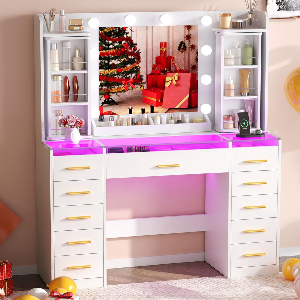 YUNSCEND Makeup Vanity Desk with Mirror and Lights, 360° Rotating Organizer